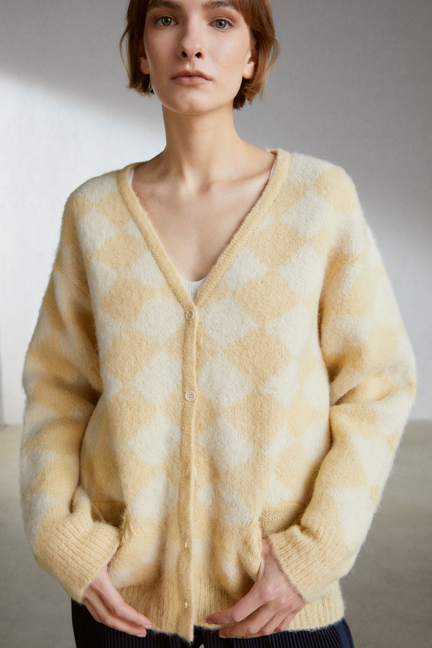 Alpaca-Blend Checker Cardigan, Yellow & Ivory