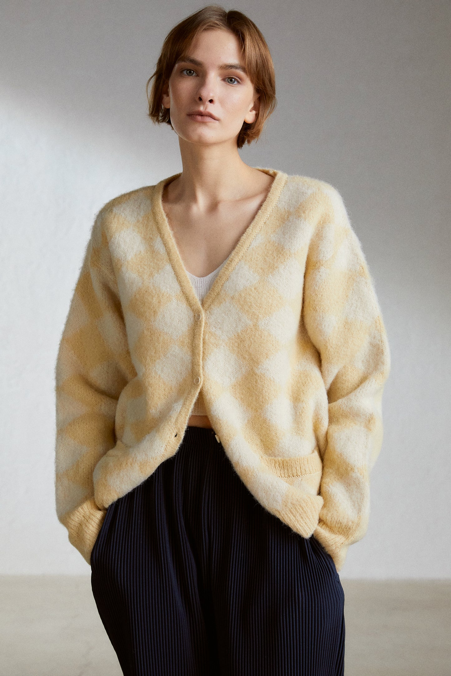 Alpaca-Blend Checker Cardigan, Yellow & Ivory