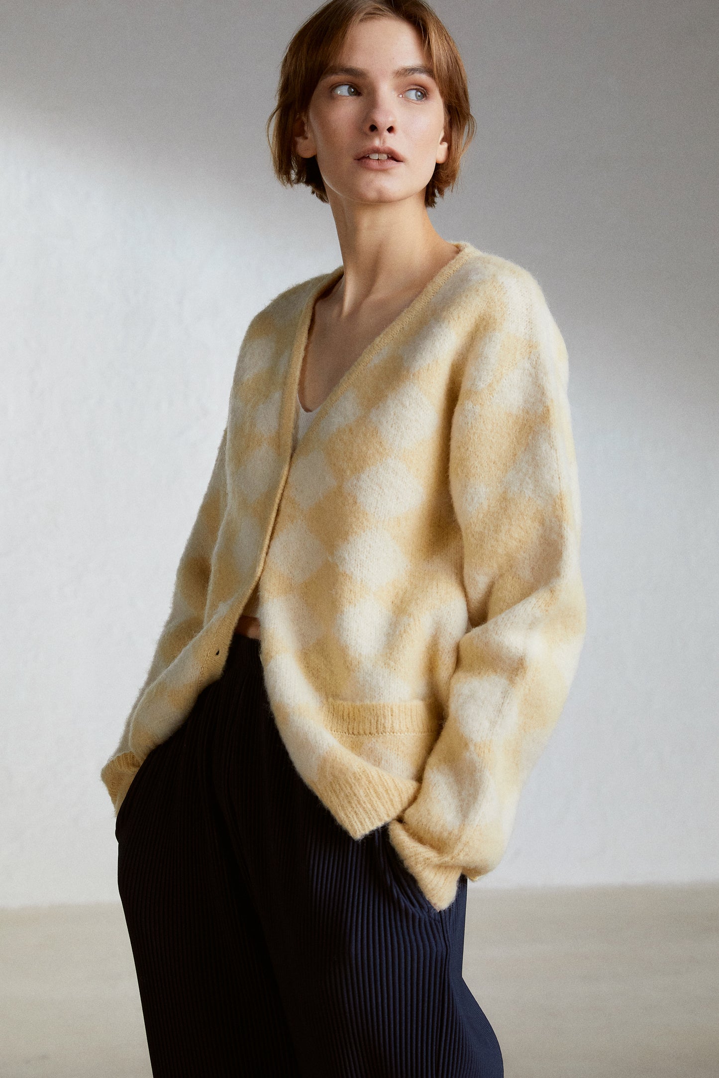 Alpaca-Blend Checker Cardigan, Yellow & Ivory