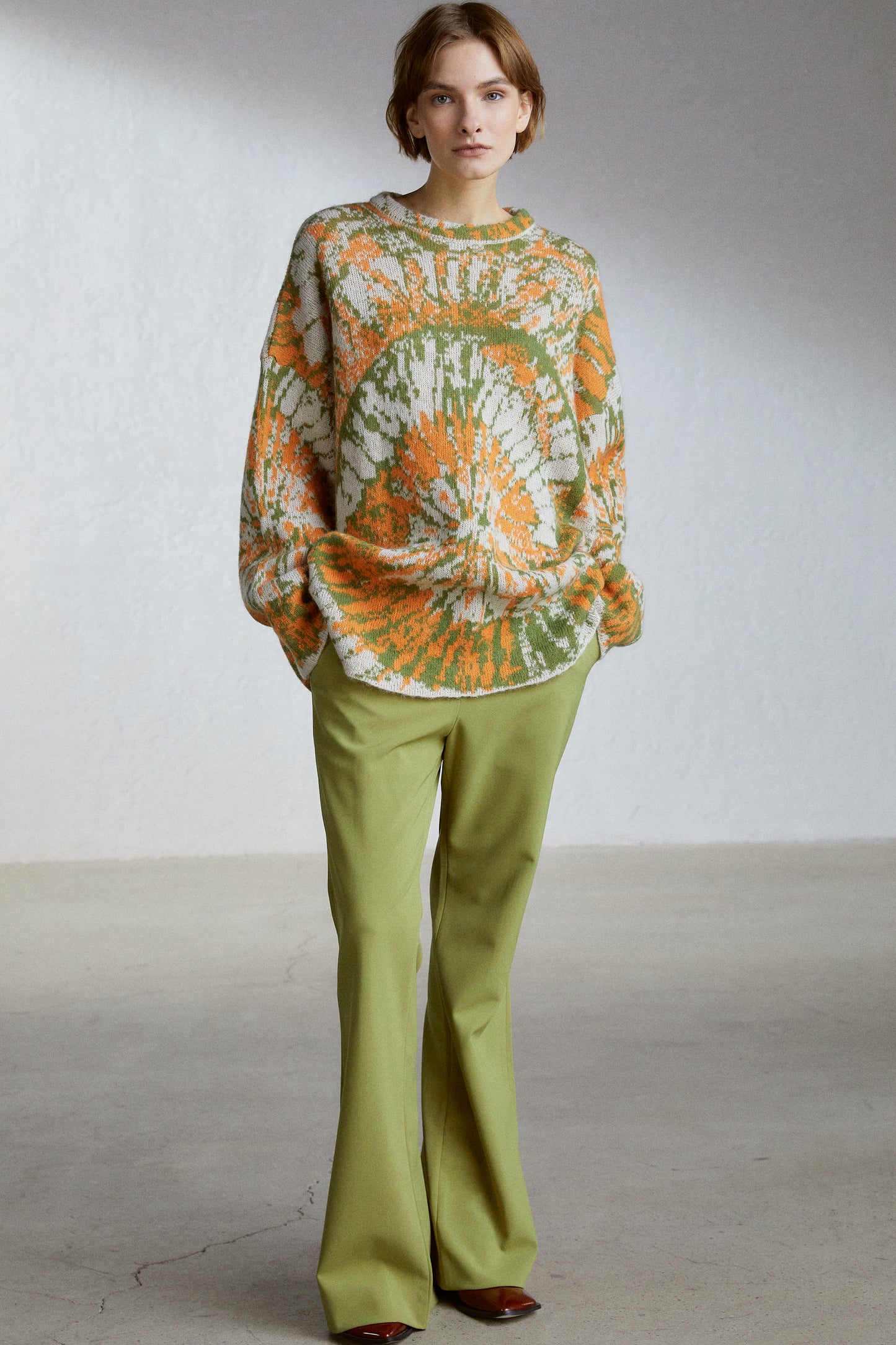 Tie-Dye Effect Wool-Mohair Blend Sweater, Green/Orange