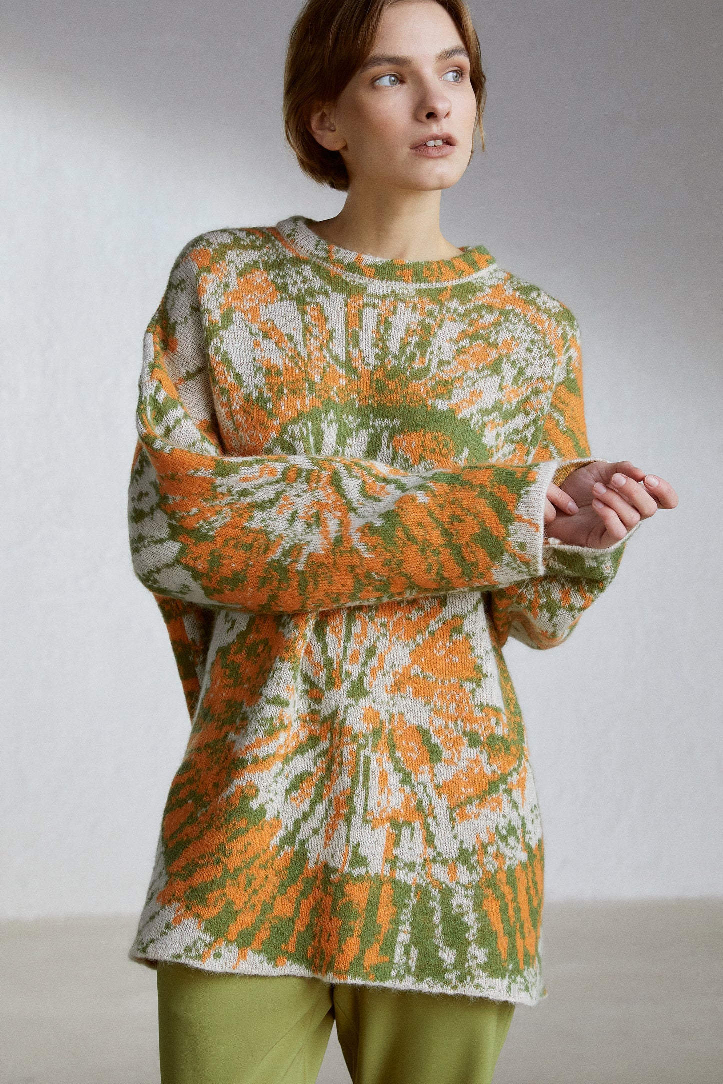 Tie-Dye Effect Wool-Mohair Blend Sweater, Green/Orange