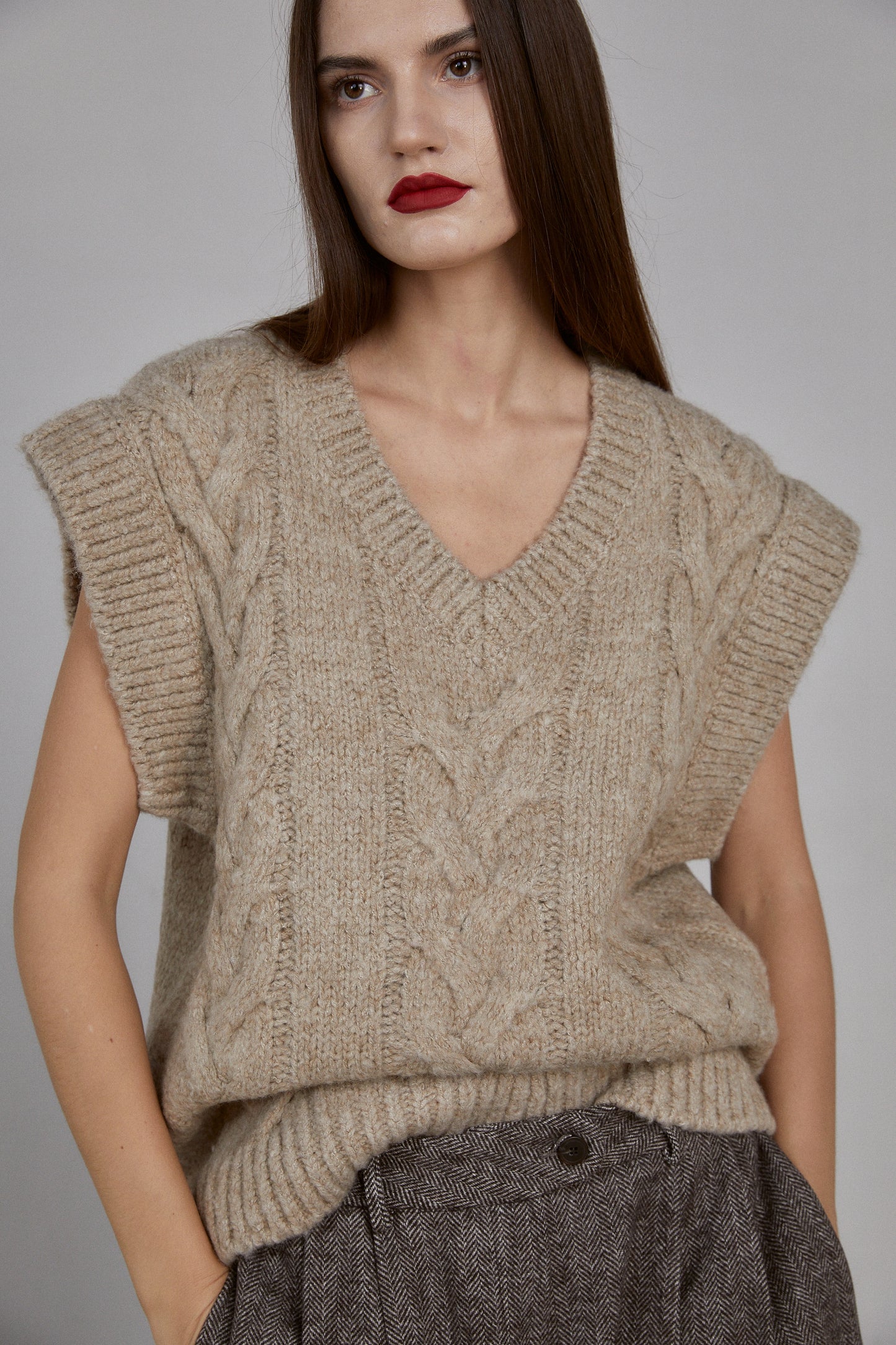 Oversized Cable Knit Vest, Oat Beige