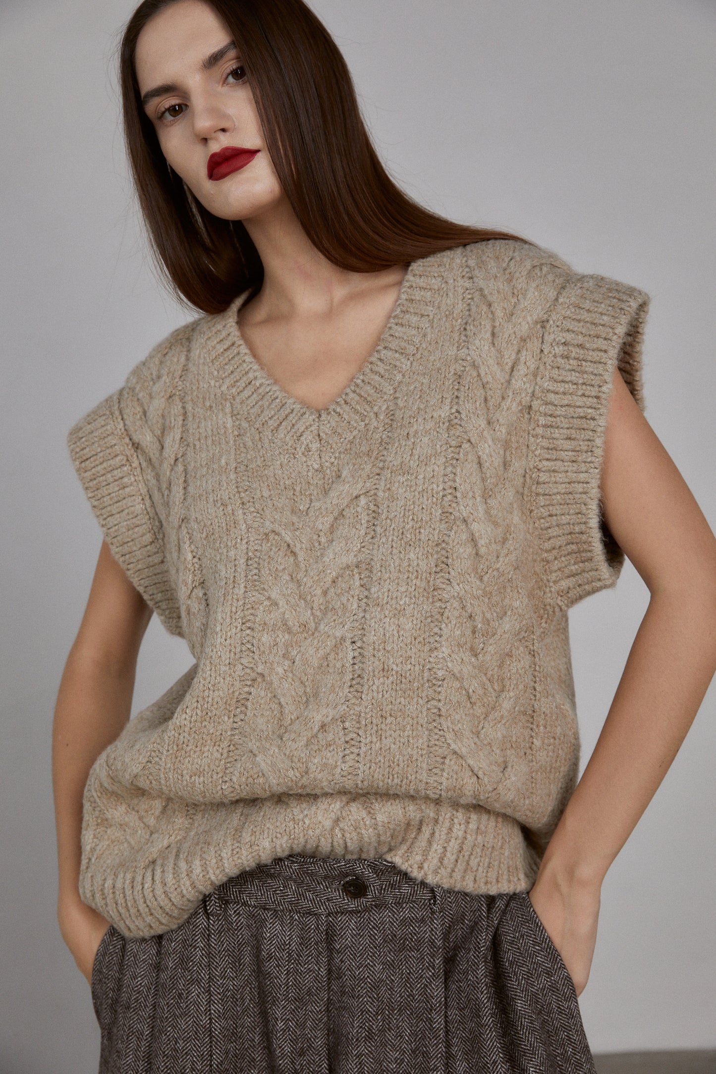Oversized Cable Knit Vest, Oat Beige
