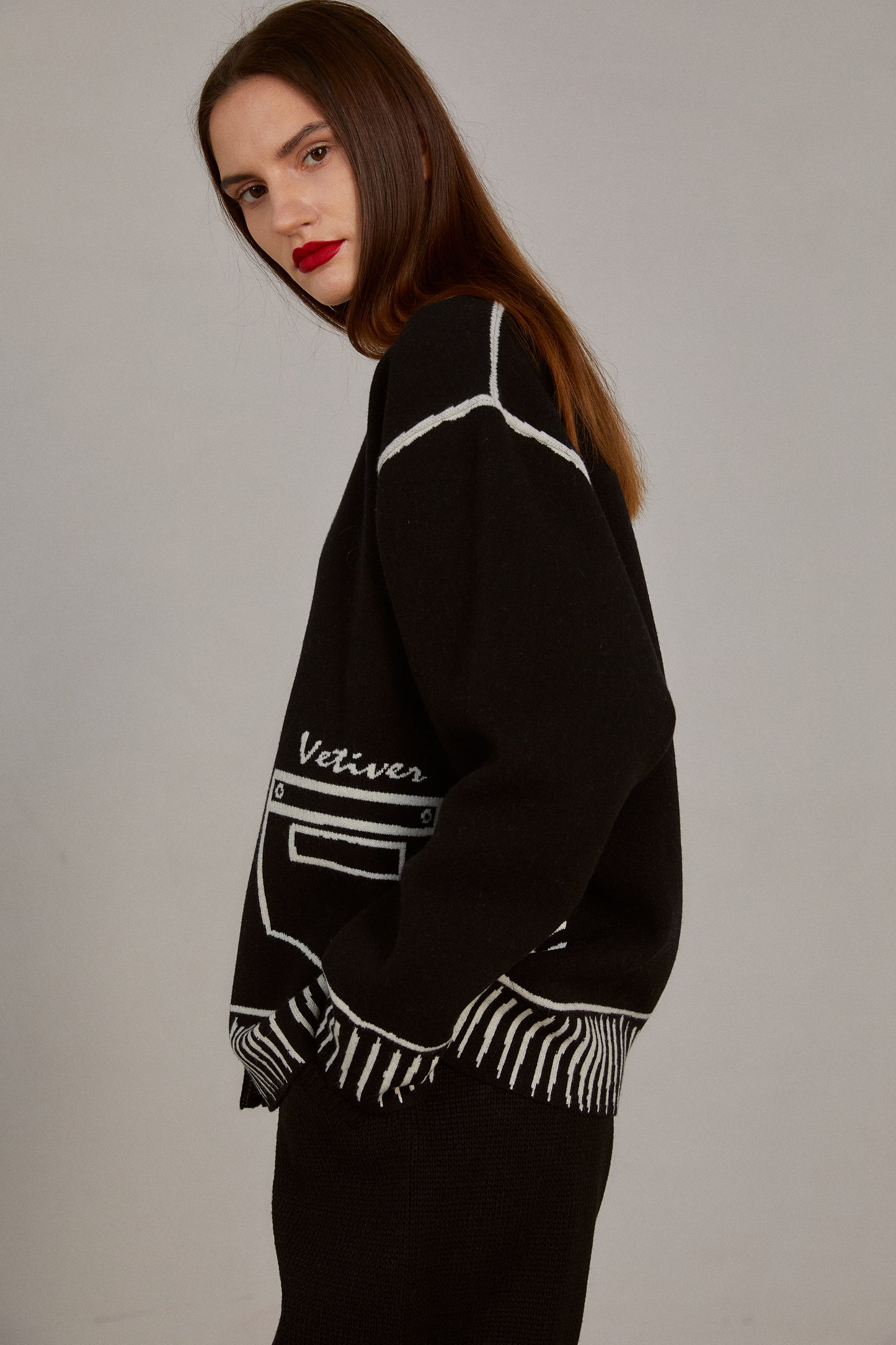 Sewn Doodle Graphic Knit Cardigan, Black