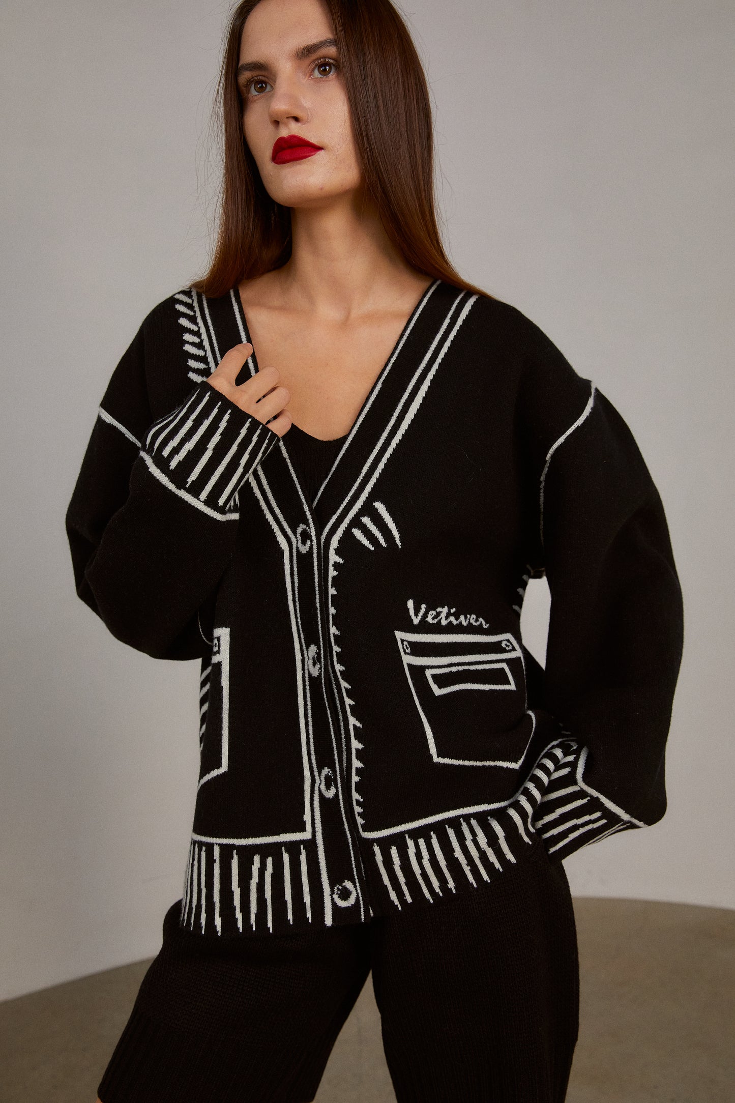 Sewn Doodle Graphic Knit Cardigan, Black