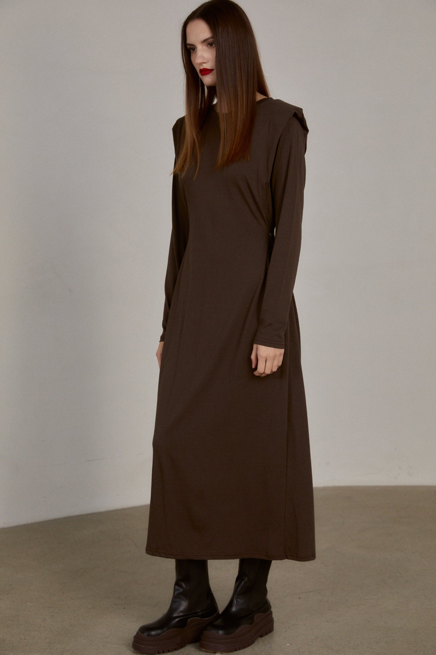 Padded Shoulder Cotton Maxi Dress, Dark Espresso