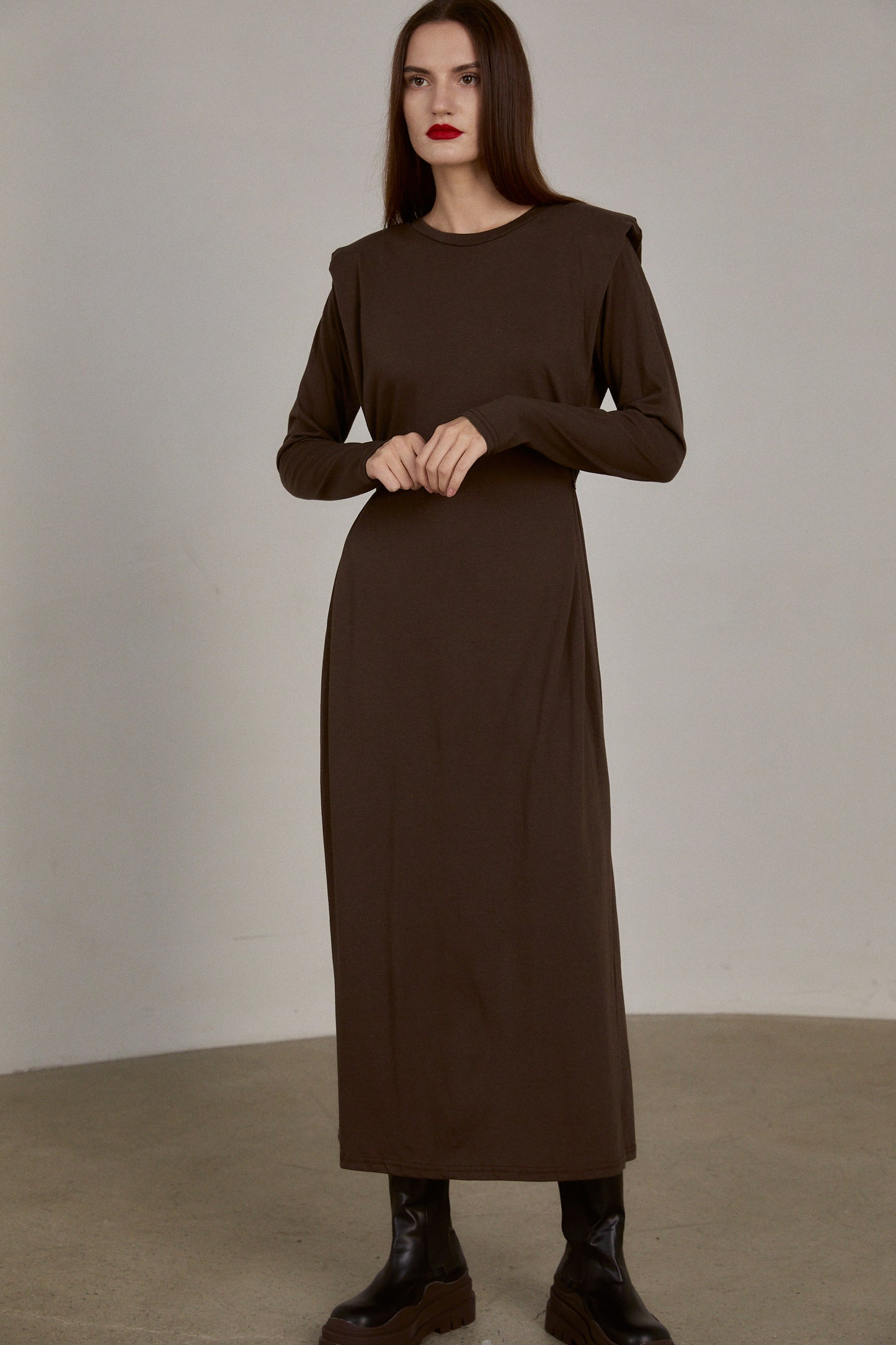 Padded Shoulder Cotton Maxi Dress, Dark Espresso