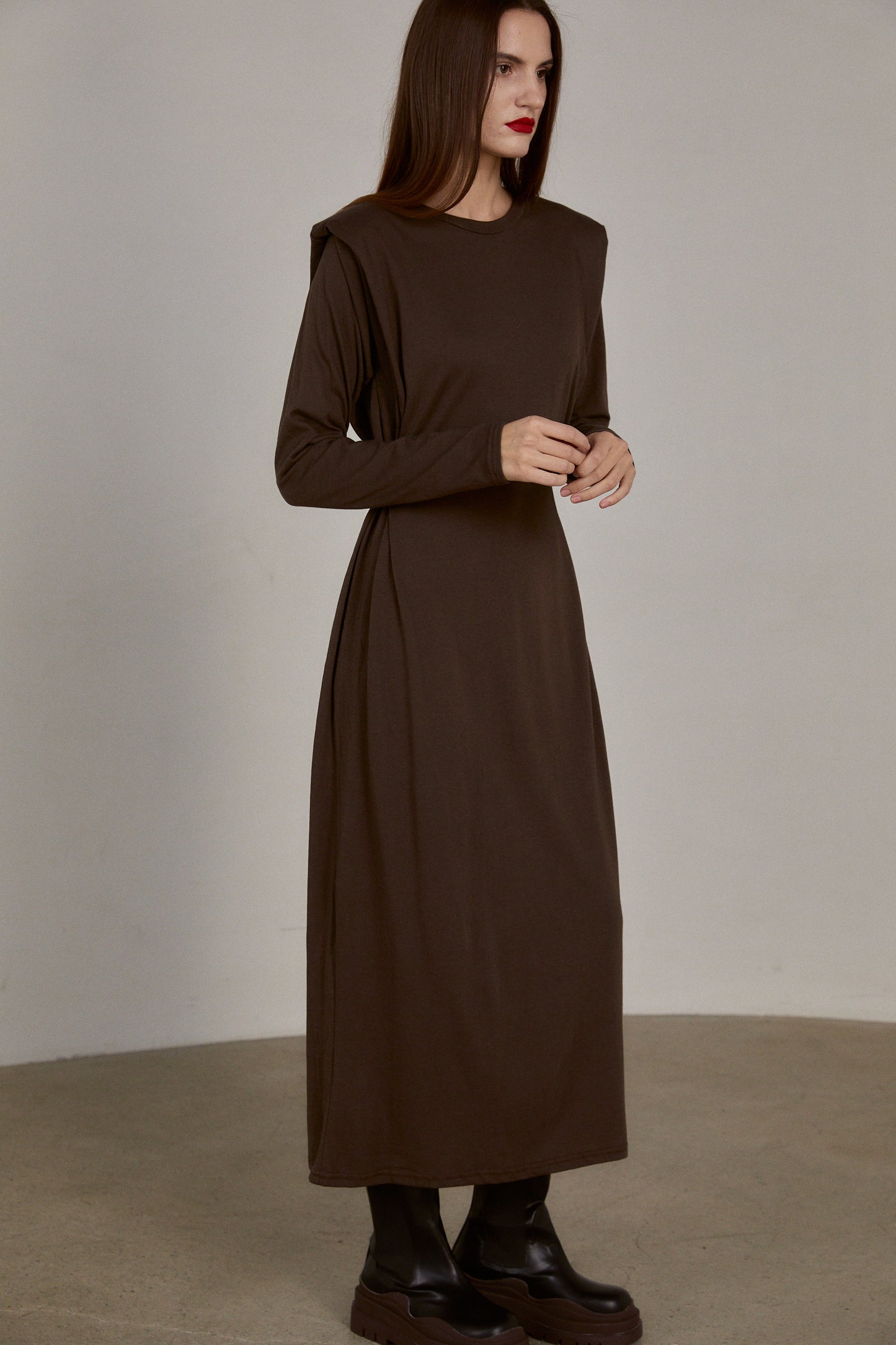 Padded Shoulder Cotton Maxi Dress, Dark Espresso