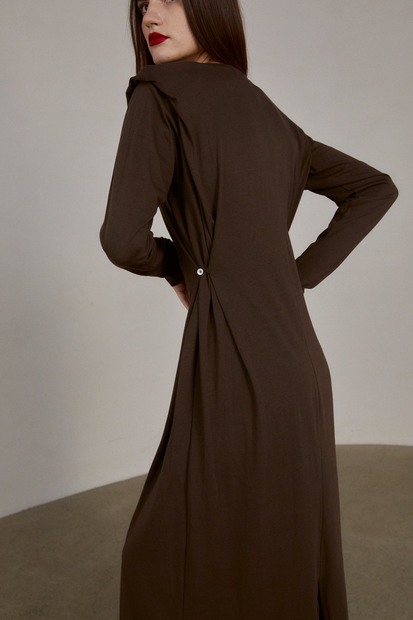 Padded Shoulder Cotton Maxi Dress, Dark Espresso
