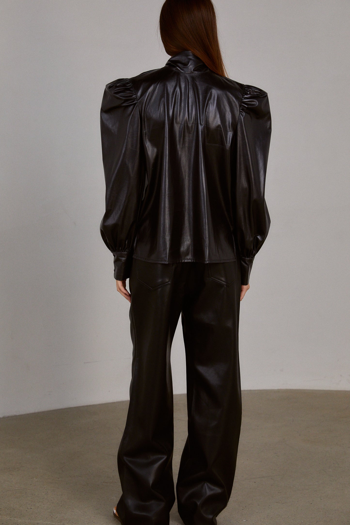 Puffed Tie Collar Leather Blouse, Black