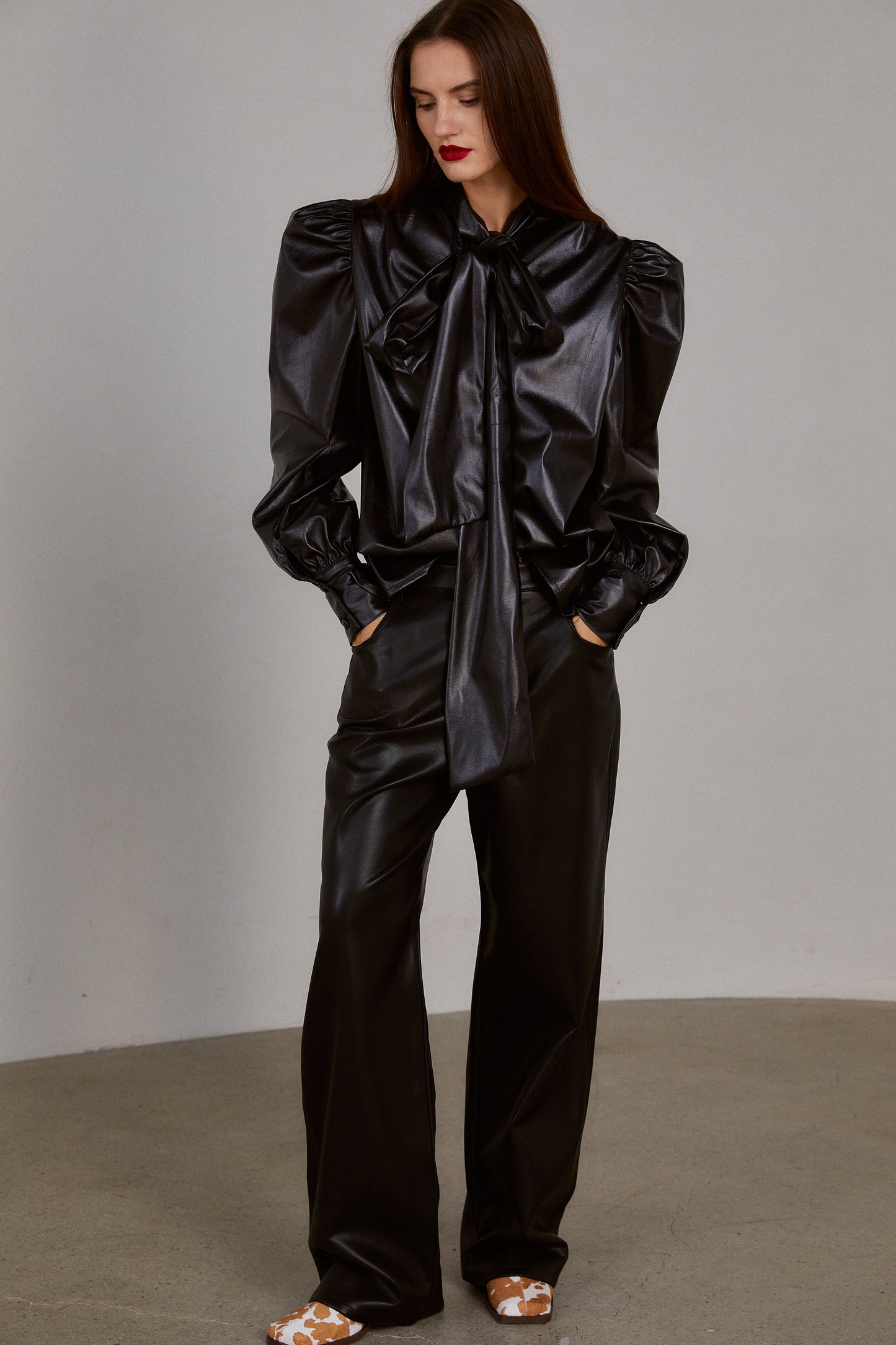 Puffed Tie Collar Leather Blouse, Black