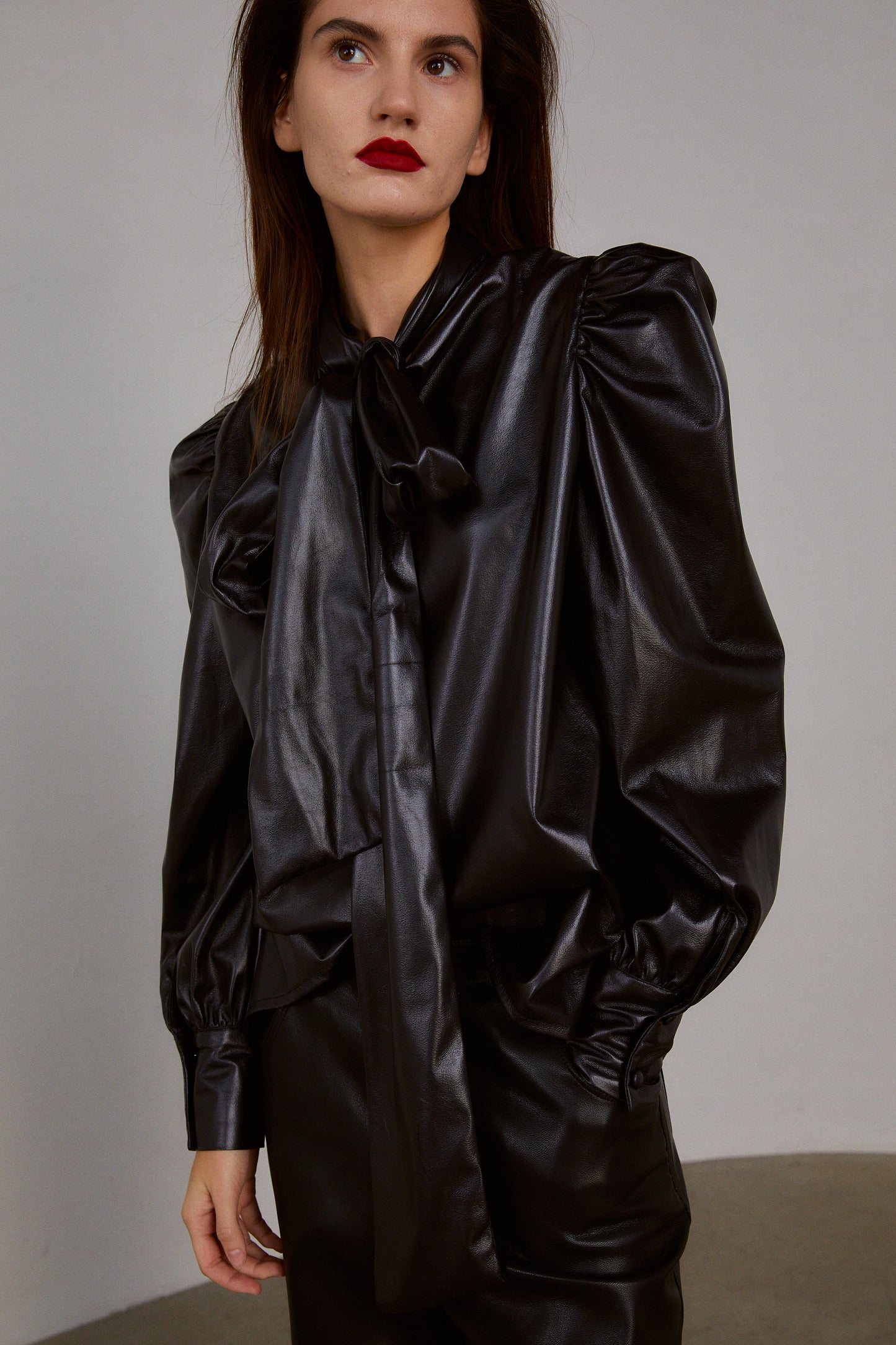 Puffed Tie Collar Leather Blouse, Black