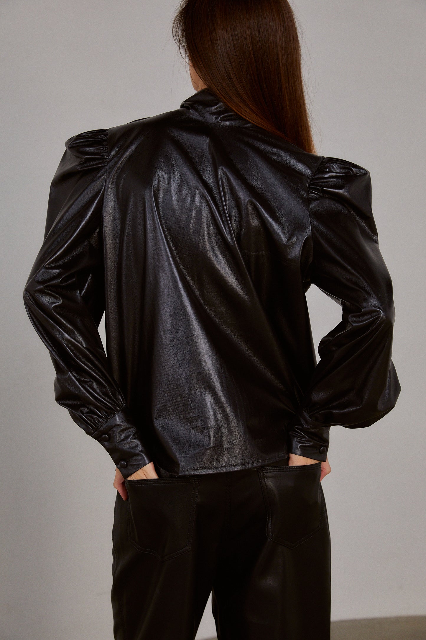 Puffed Tie Collar Leather Blouse, Black