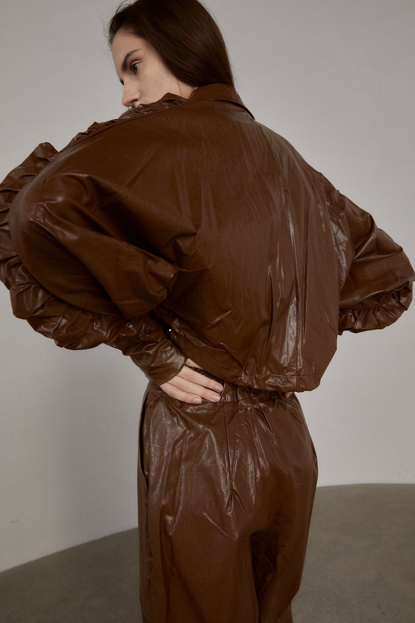 Ruched Sleeves Drawstring Leather Jacket, Brown
