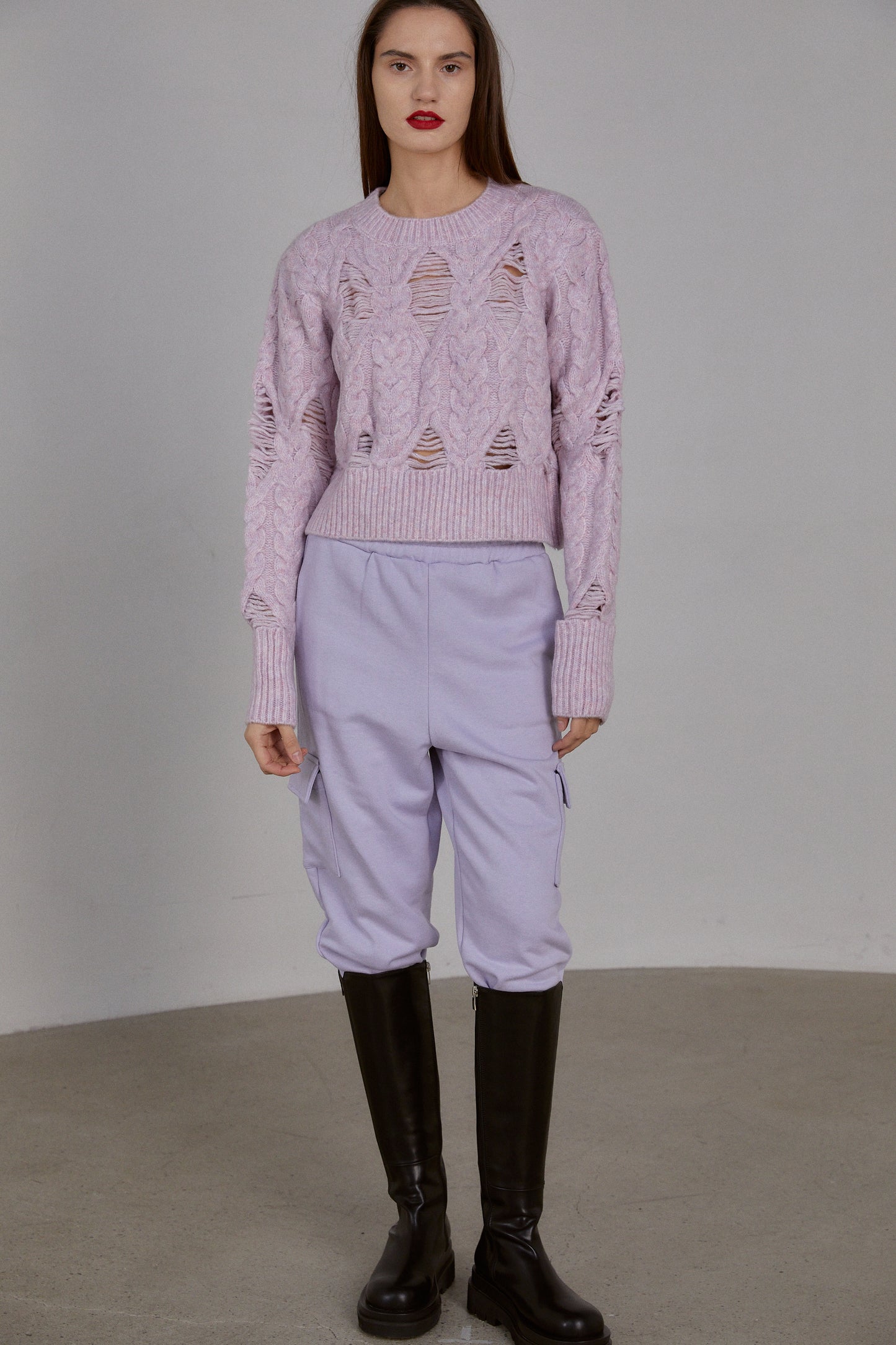 Textured Cable Knit Sweater, Lavender Pink