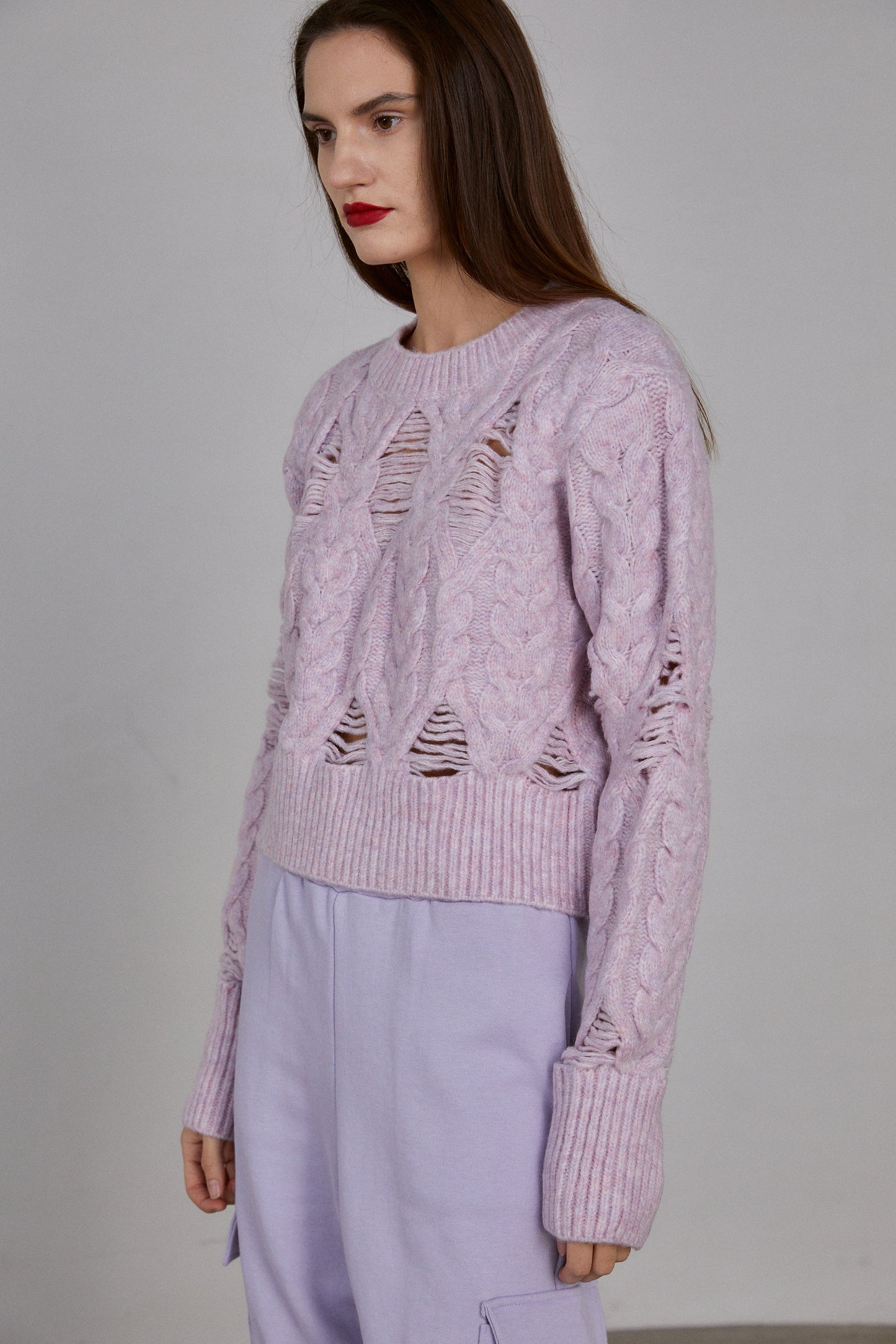 Textured Cable Knit Sweater, Lavender Pink