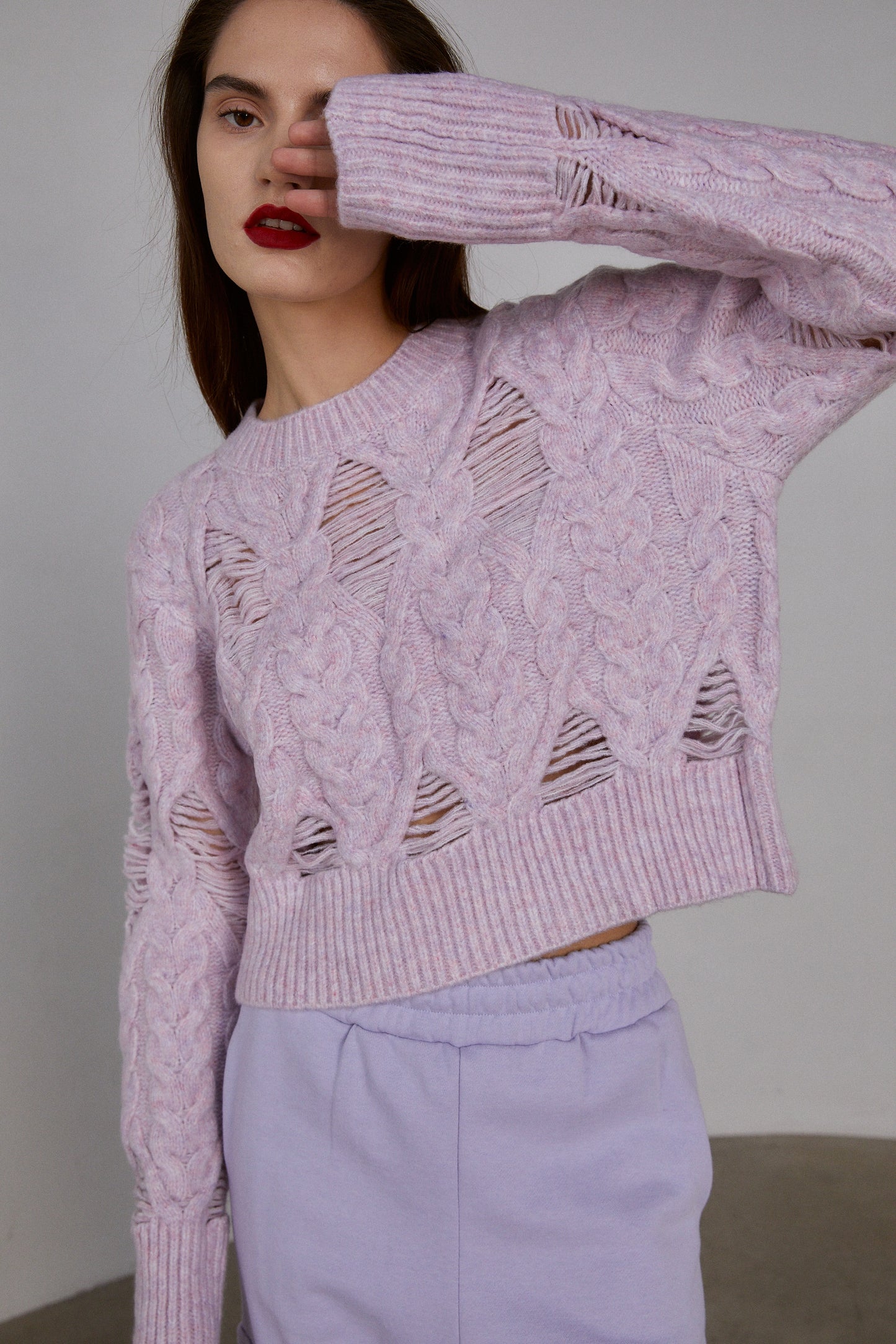 Textured Cable Knit Sweater, Lavender Pink