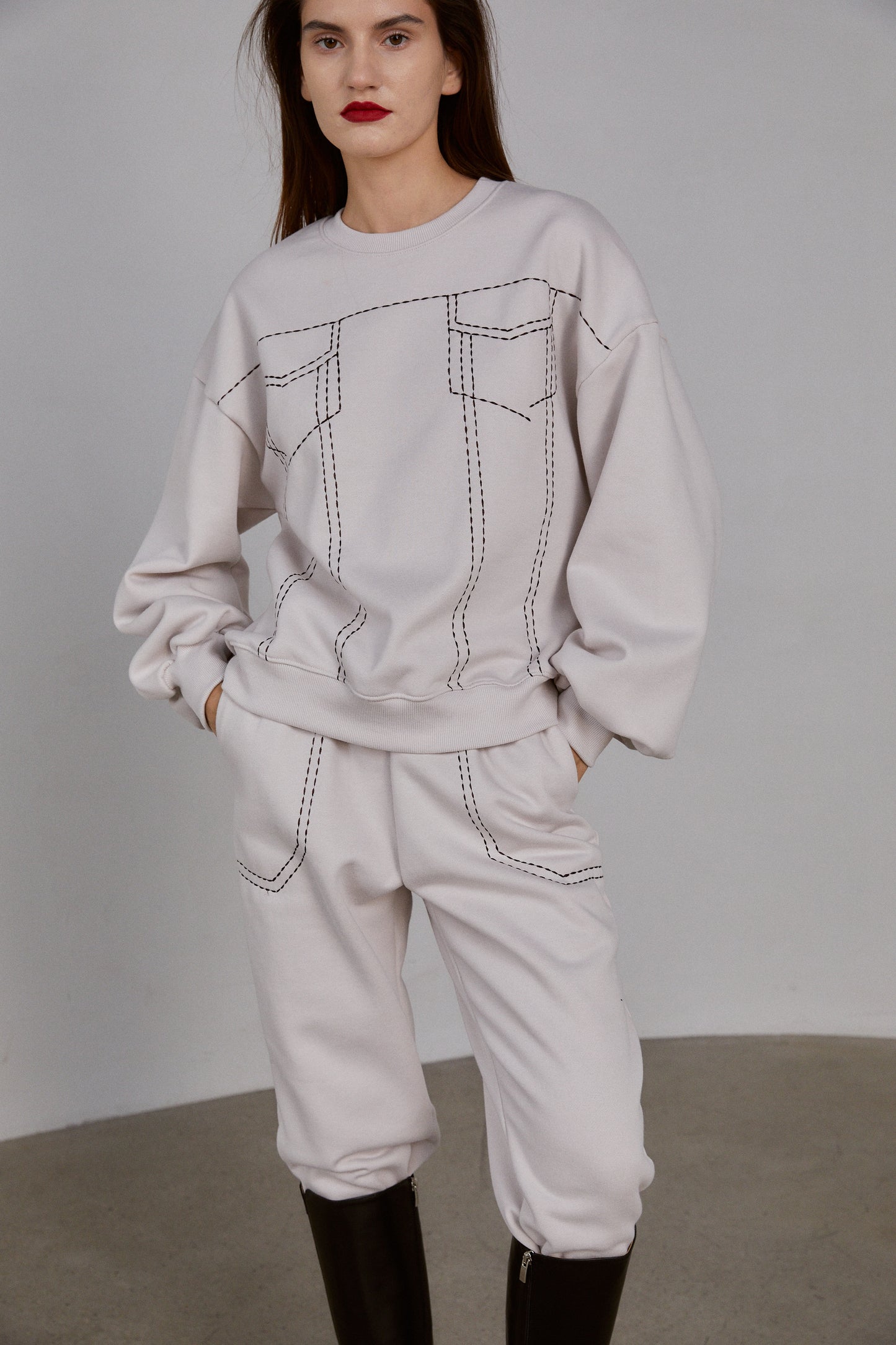 Stitched Sweatshirt Set, Pale Ivory