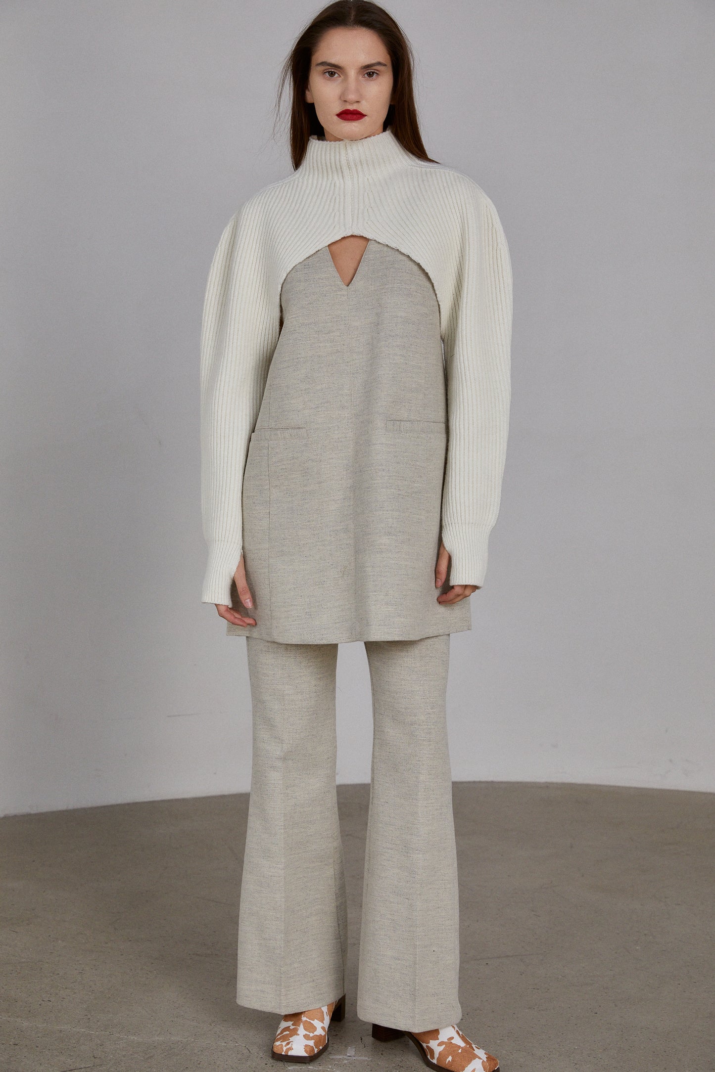 Flared Leg Wool Trousers, Pale Grey