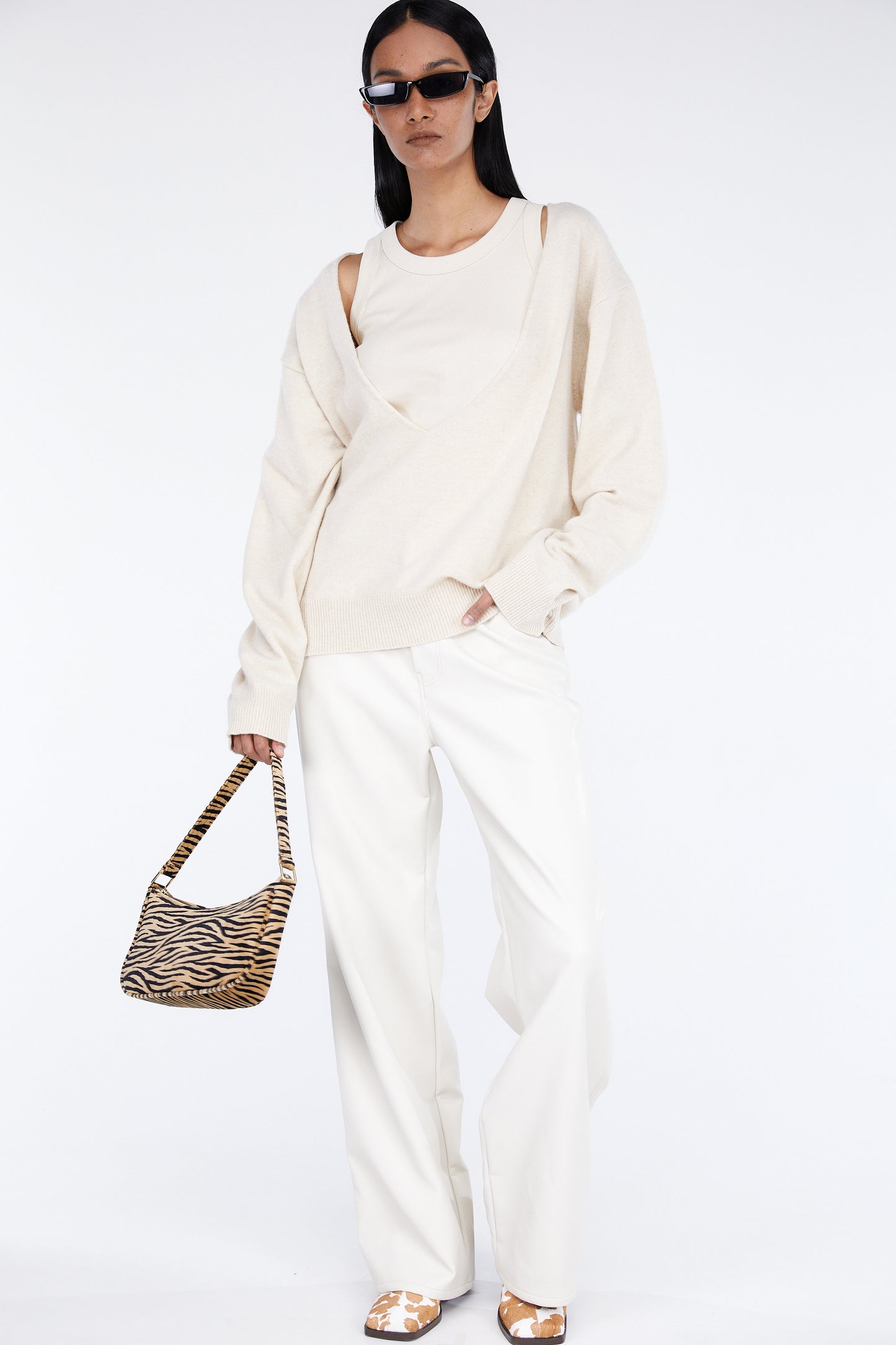 Deep V-Neck Wool Cashmere Blend Sweater, Ivory