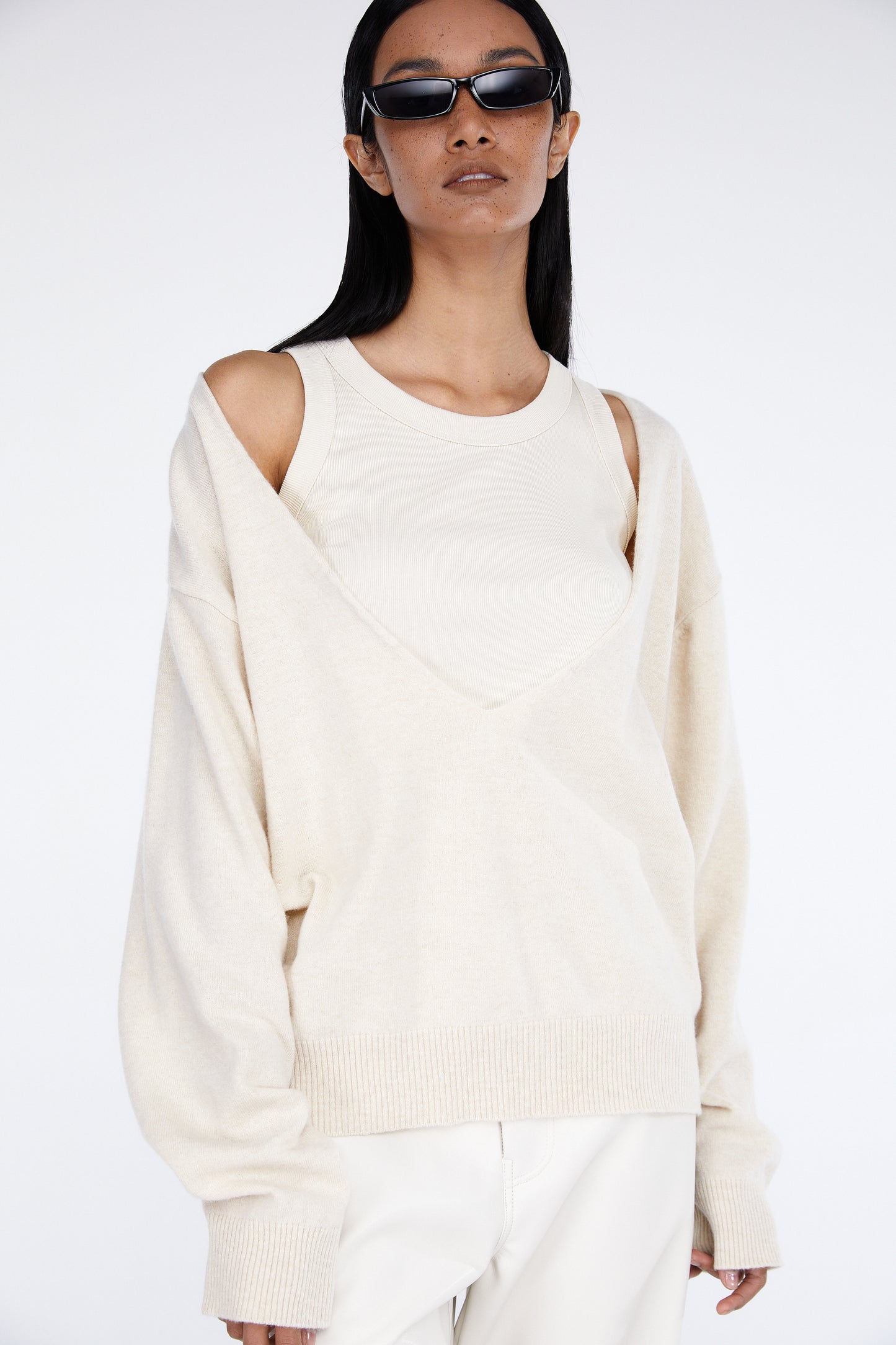 Deep V-Neck Wool Cashmere Blend Sweater, Ivory