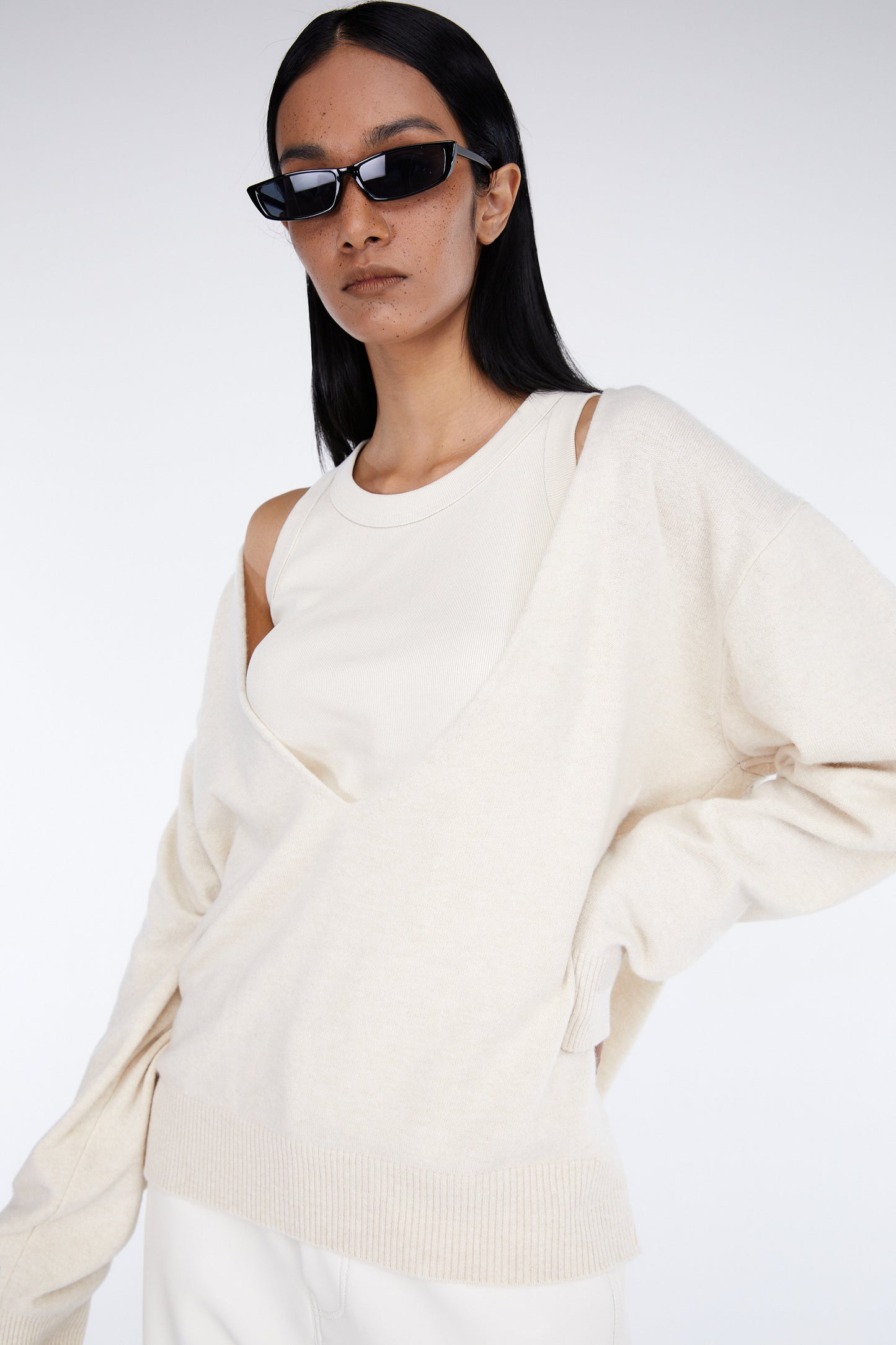 Deep V-Neck Wool Cashmere Blend Sweater, Ivory