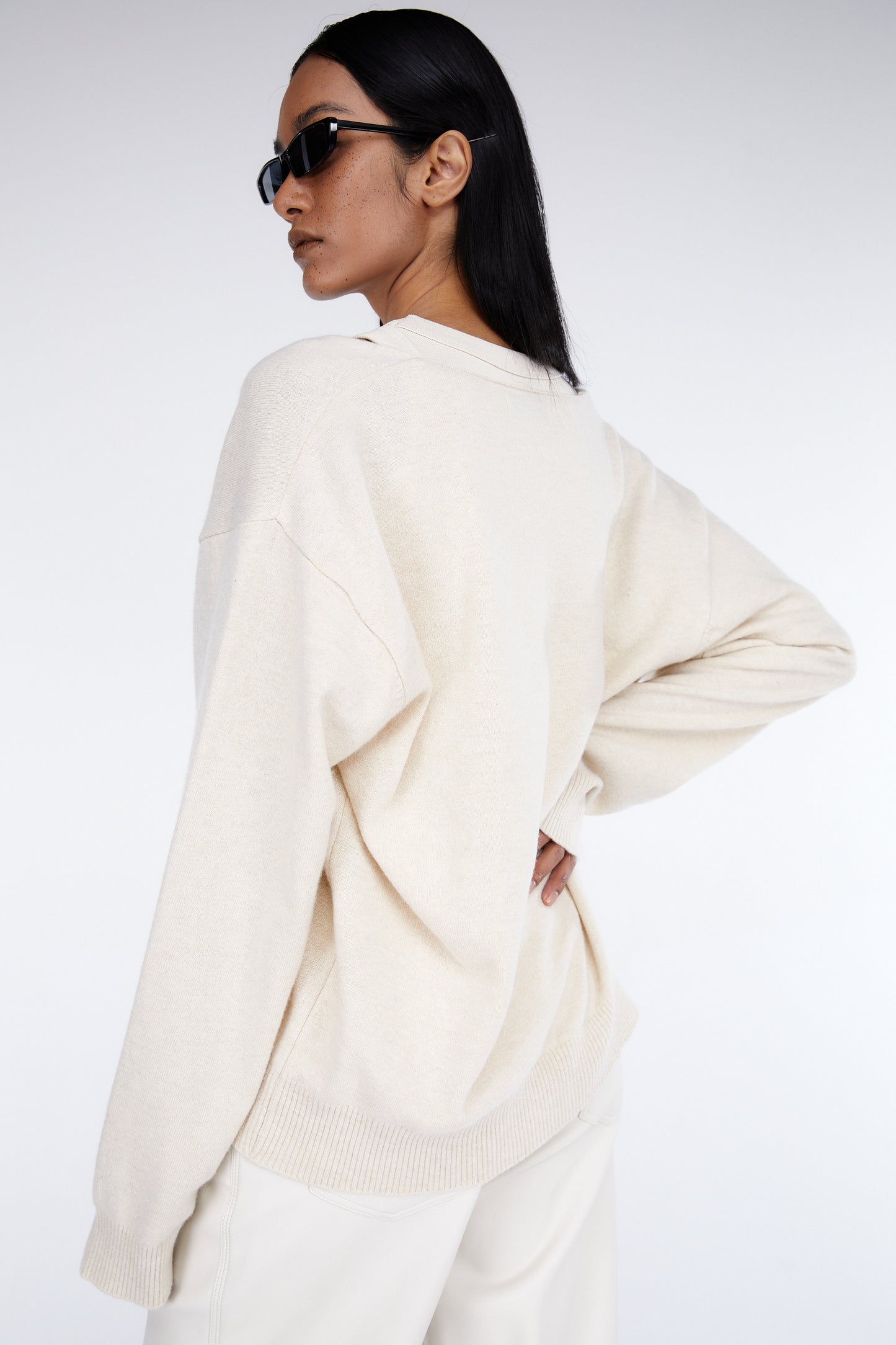 Deep V-Neck Wool Cashmere Blend Sweater, Ivory