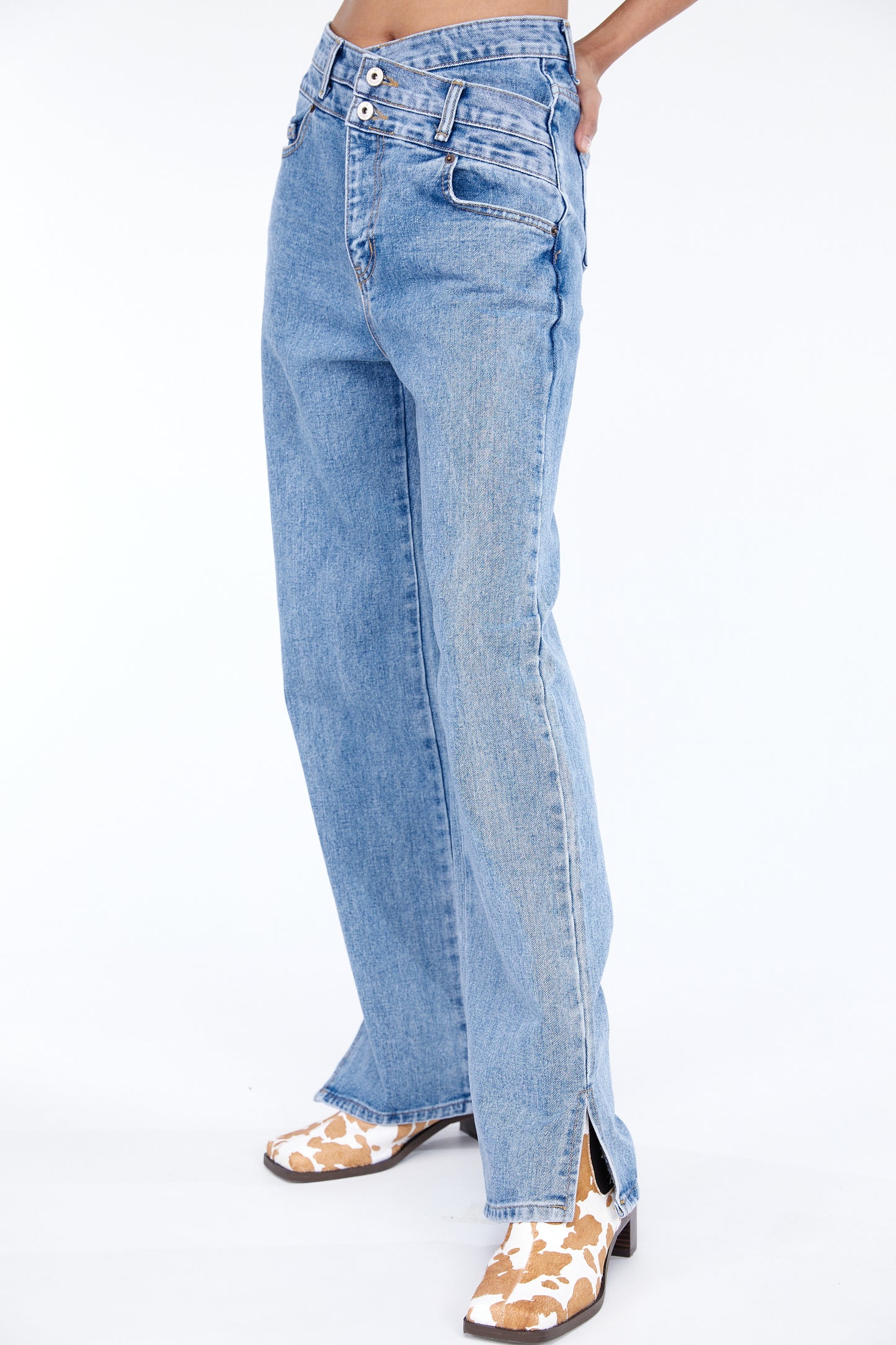 Double Criss Cross Waist Jeans, Blue