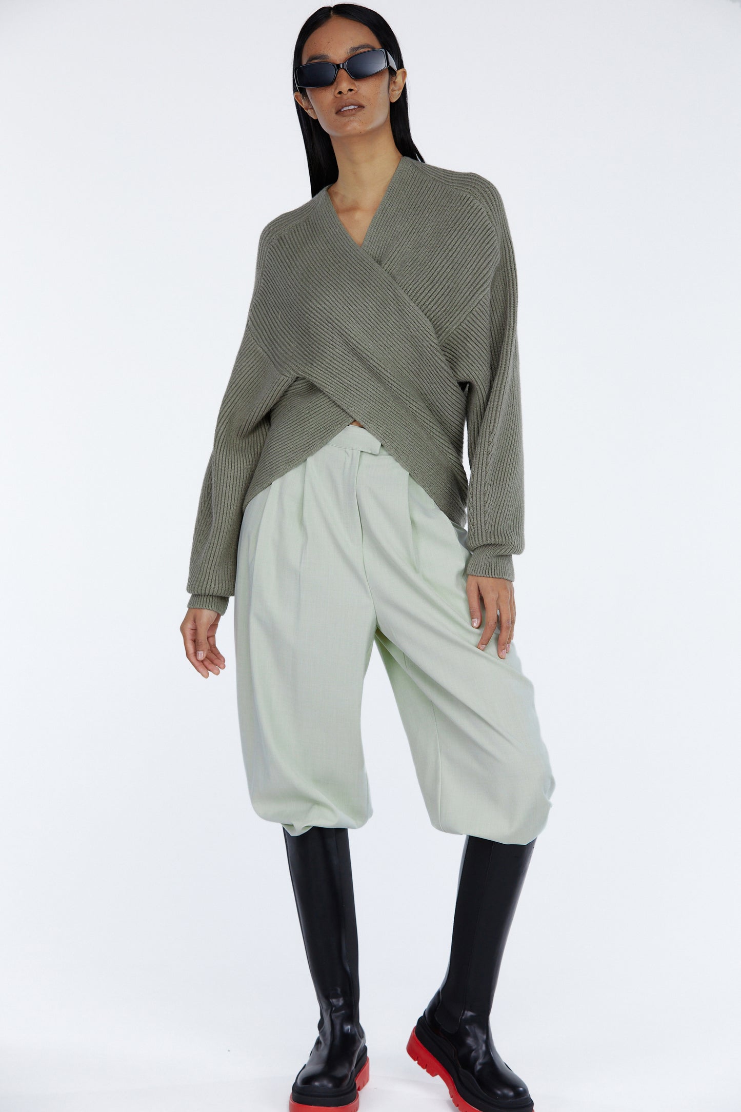 Soft Touch Wrap Front Wool Sweater, Khaki