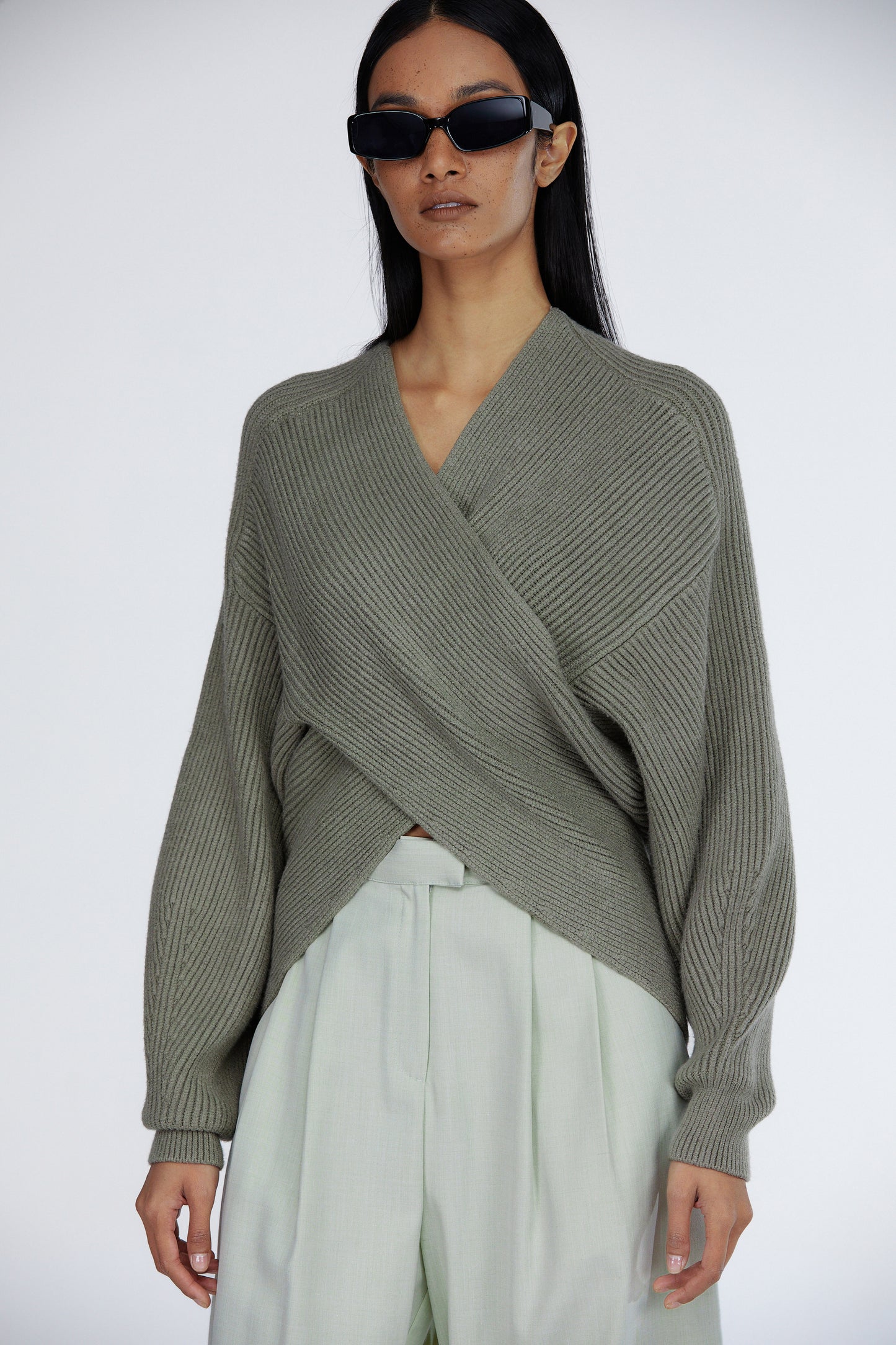 Soft Touch Wrap Front Wool Sweater, Khaki