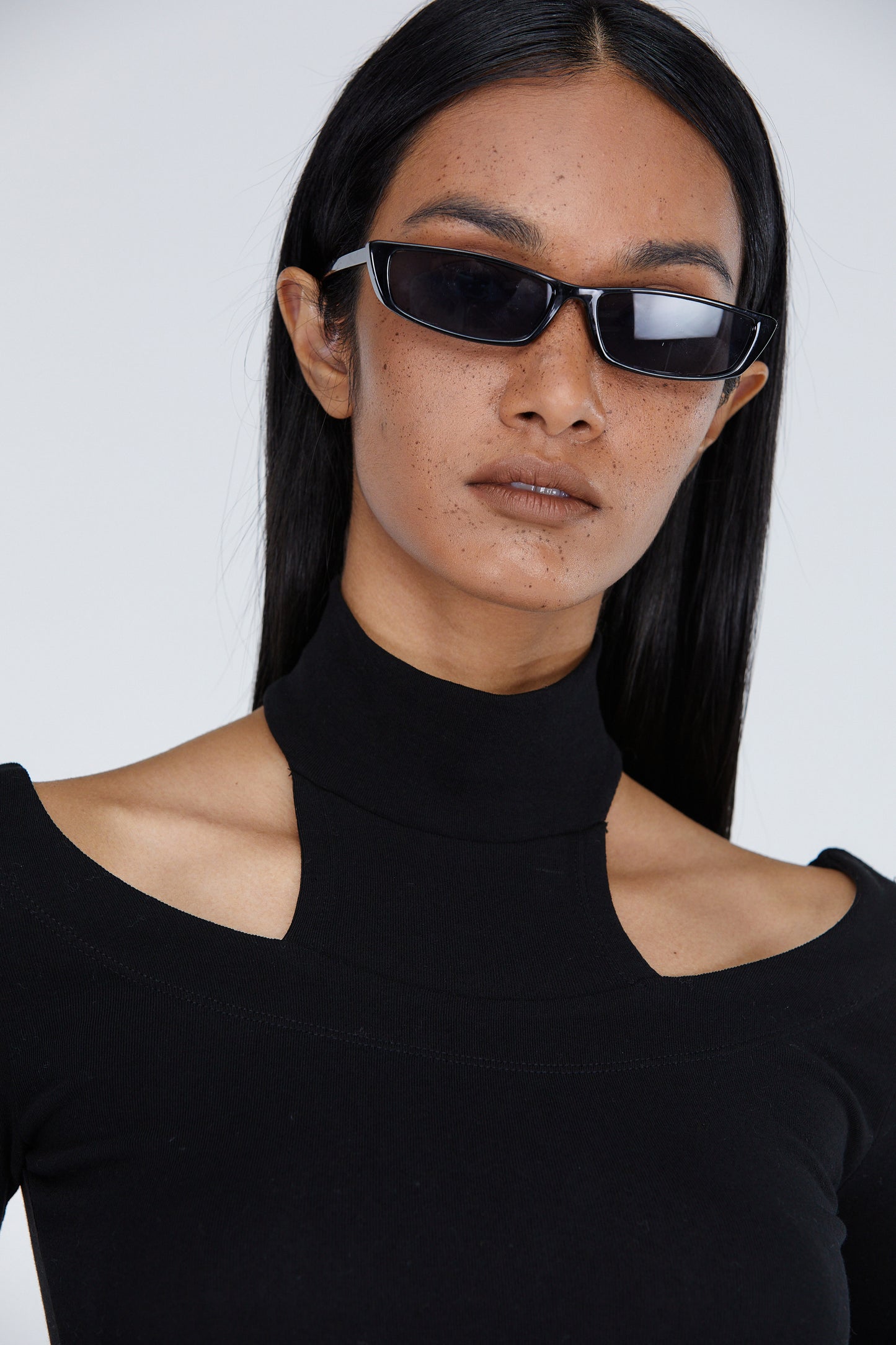 Cutout Turtleneck Cotton Top, Black