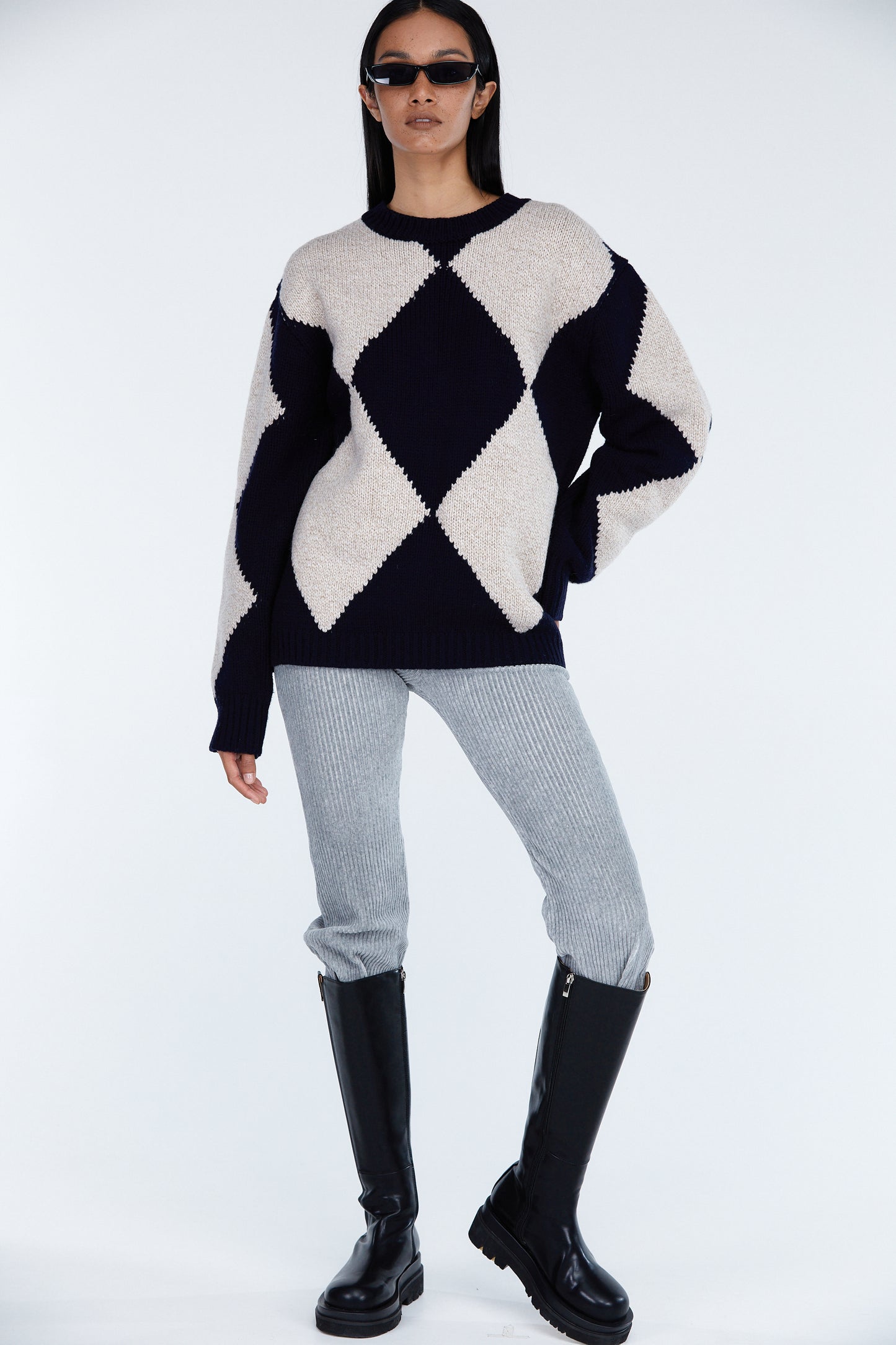 Argyle Pattern Knit Sweater, Ivory & Navy