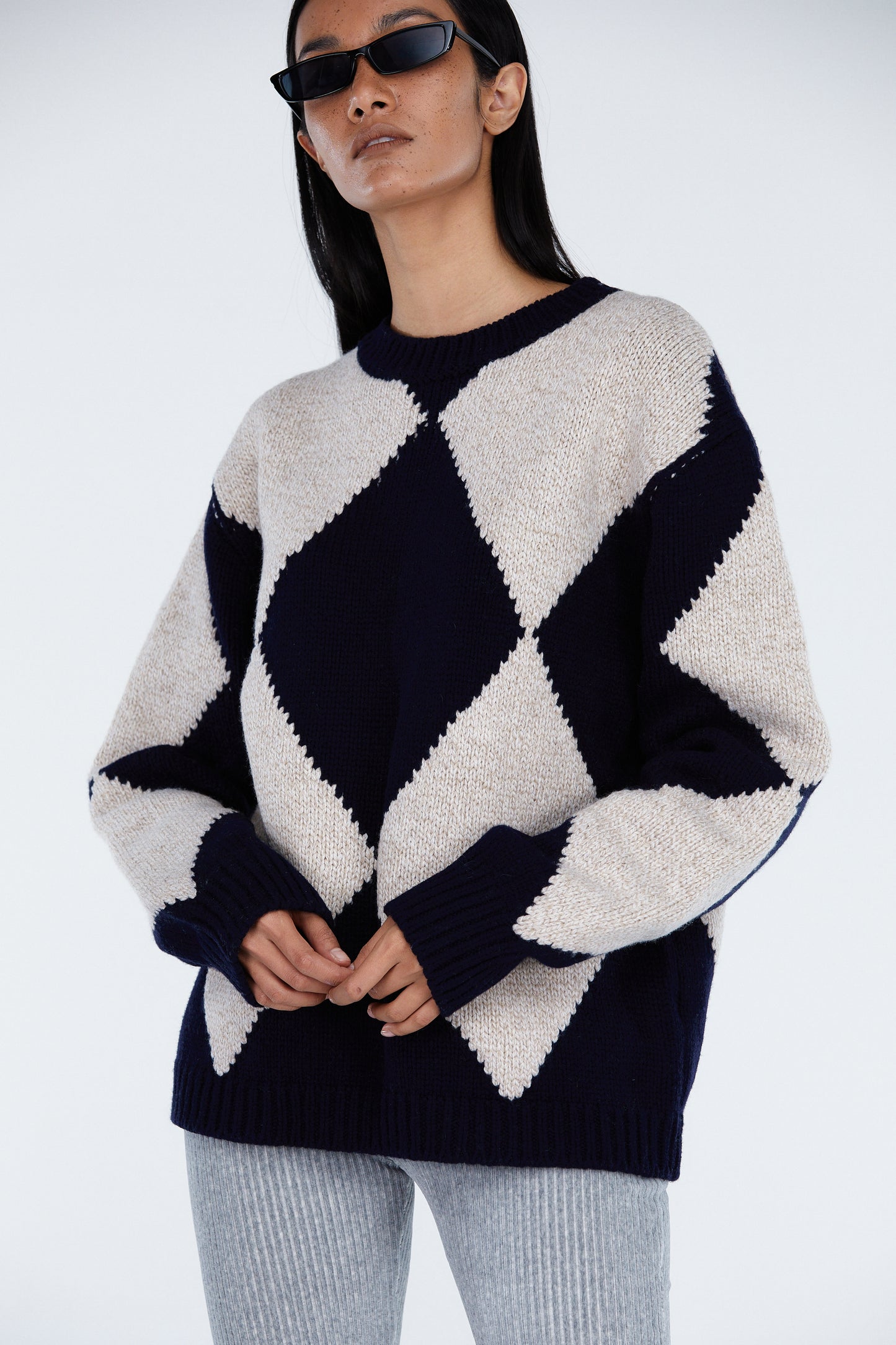 Argyle Pattern Knit Sweater, Ivory & Navy