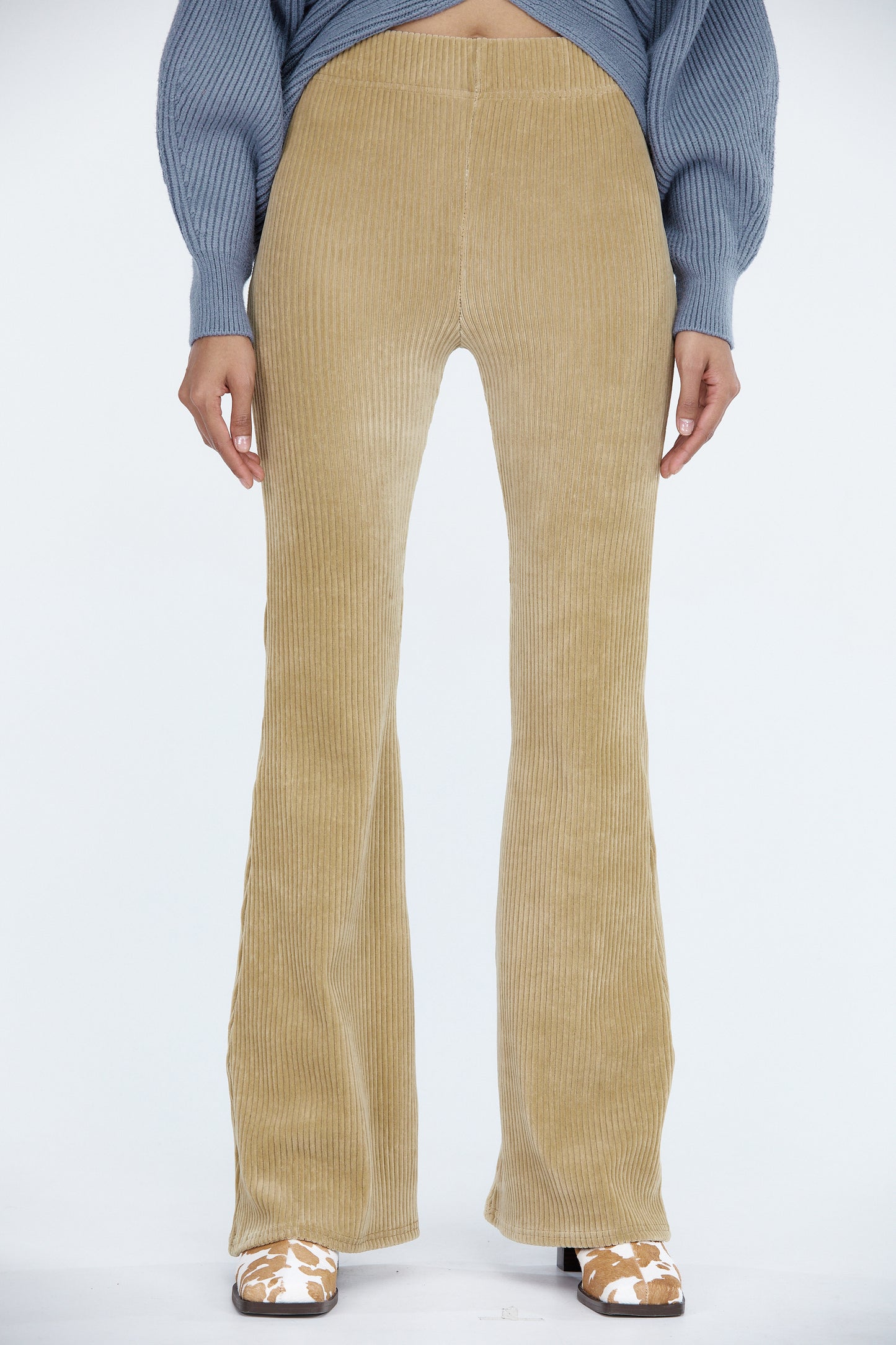 Flared Rib Velvet Corduroy Pants, Camel Beige