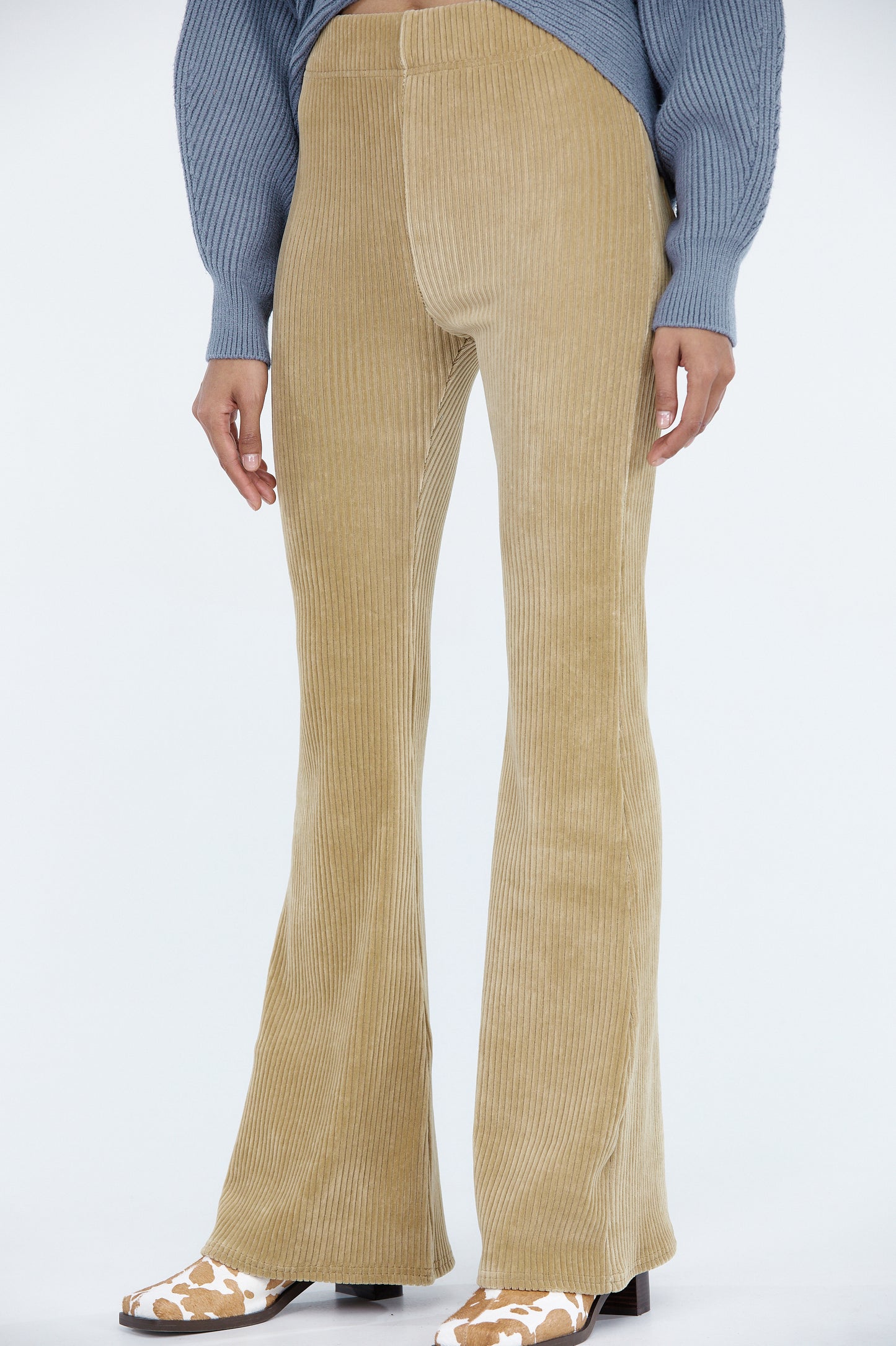 Flared Rib Velvet Corduroy Pants, Camel Beige