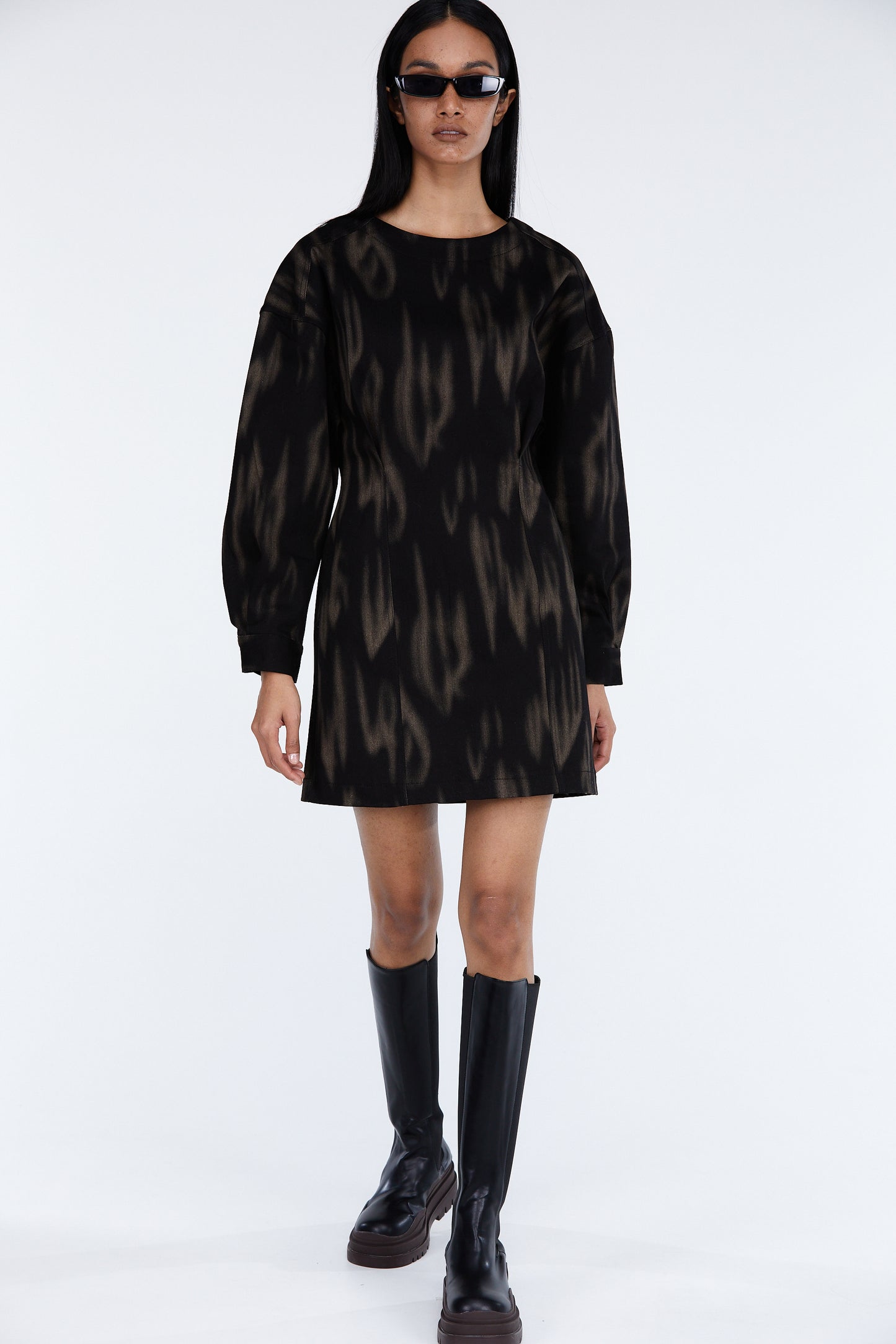 Printed Cotton Mini Dress, Black