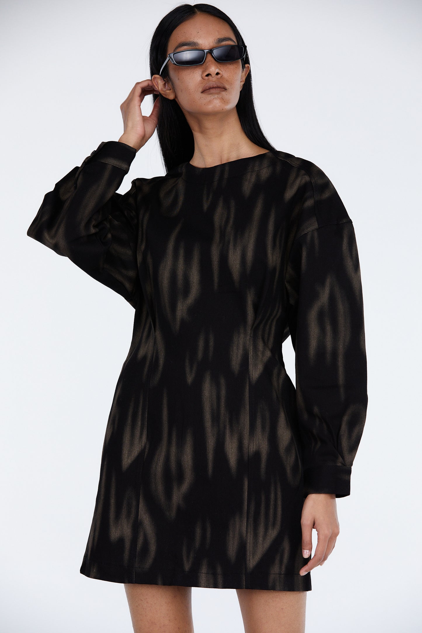 Printed Cotton Mini Dress, Black