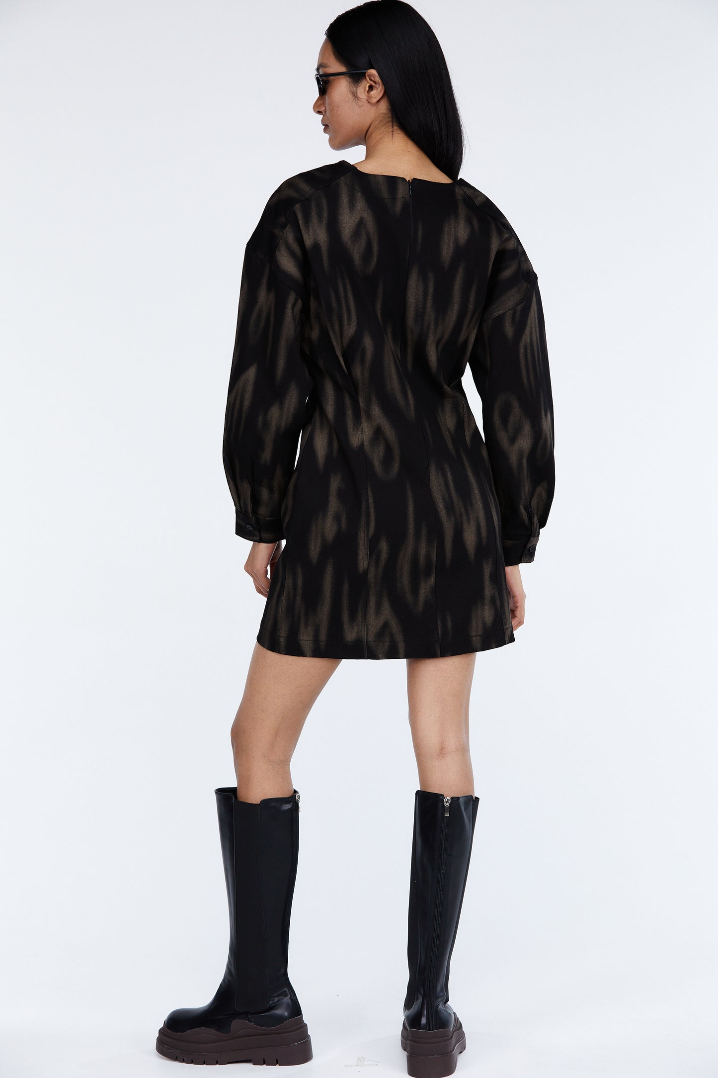 Printed Cotton Mini Dress, Black