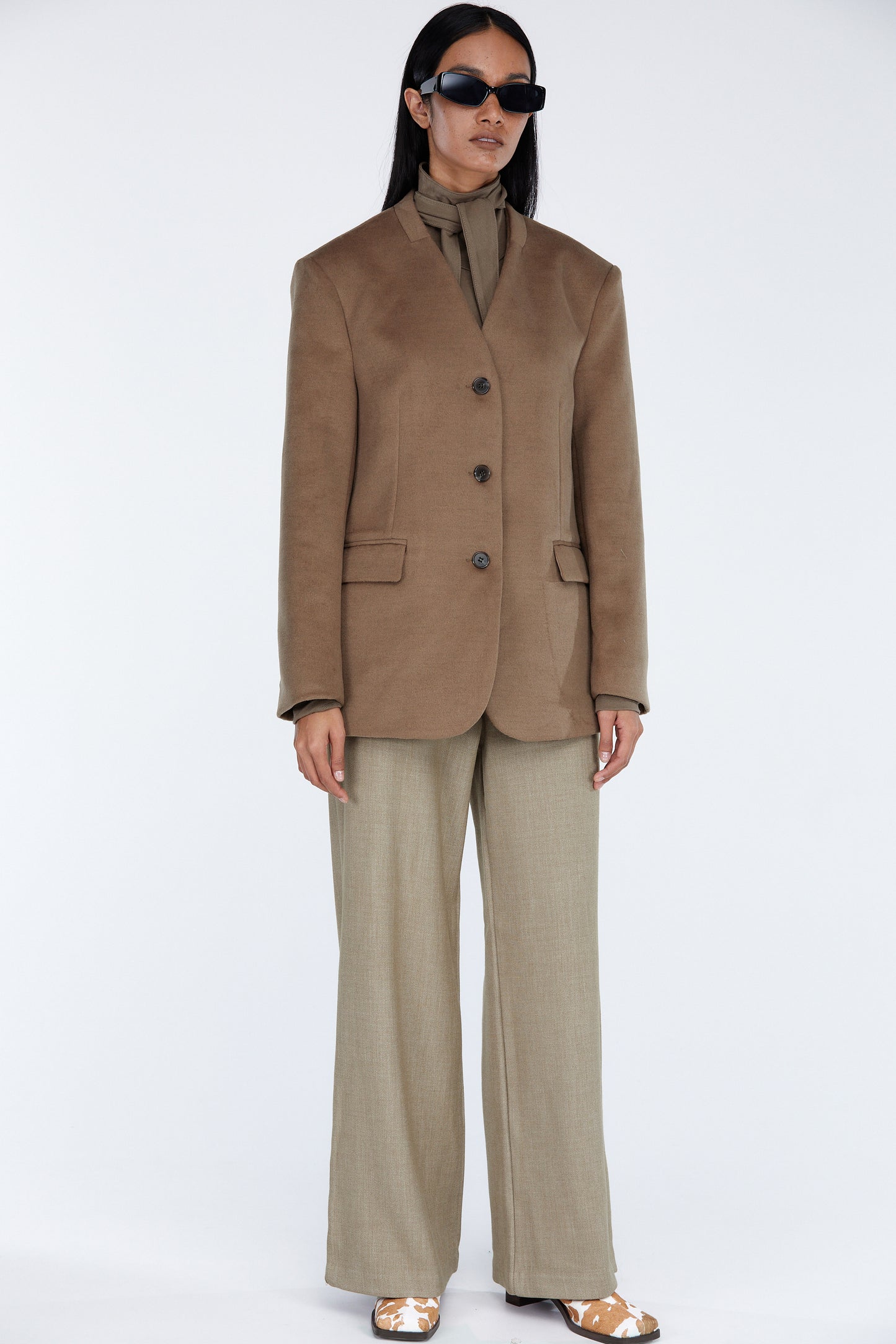 Collarless Blazer Jacket, Light Brown