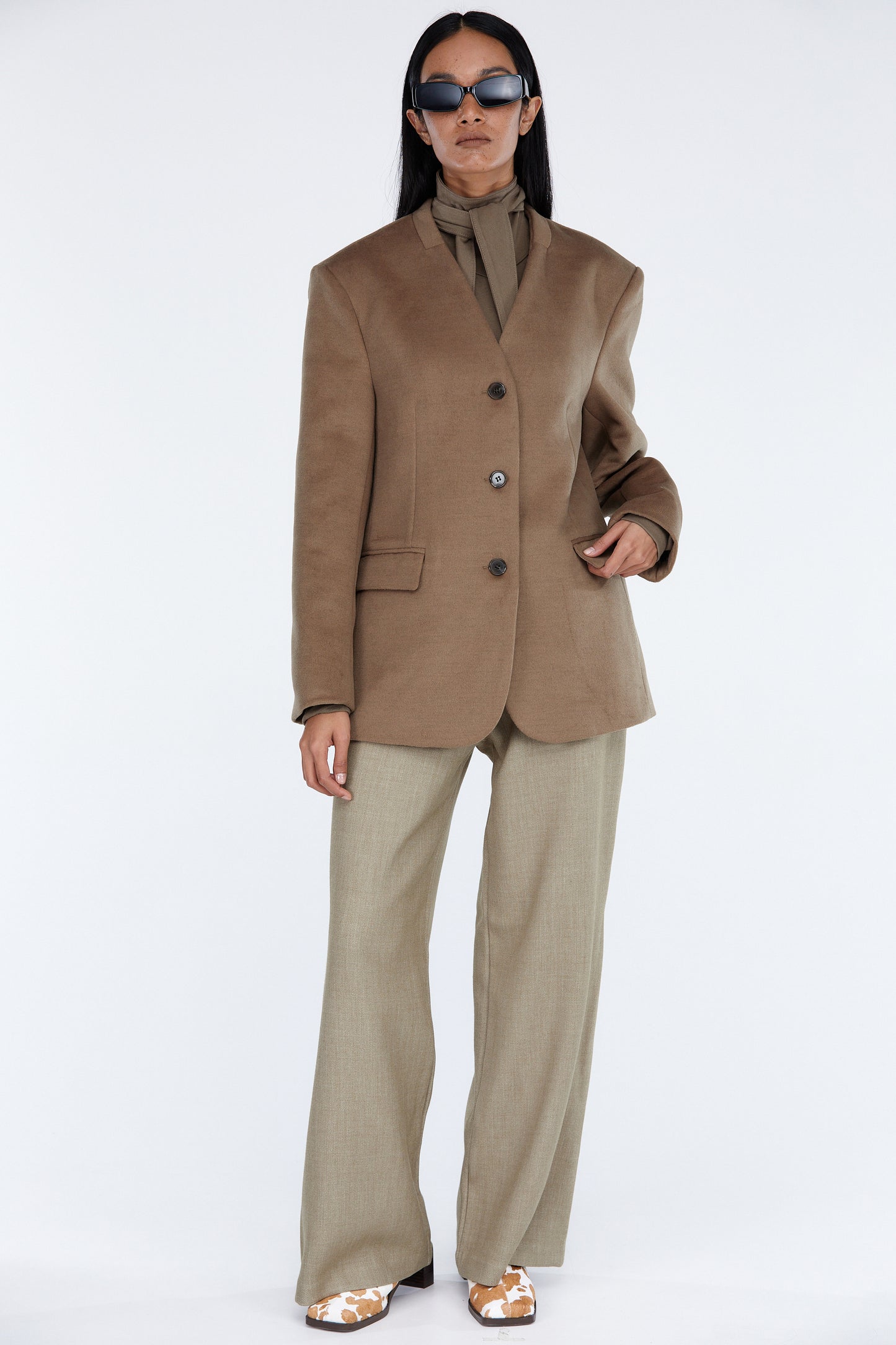 Collarless Blazer Jacket, Light Brown