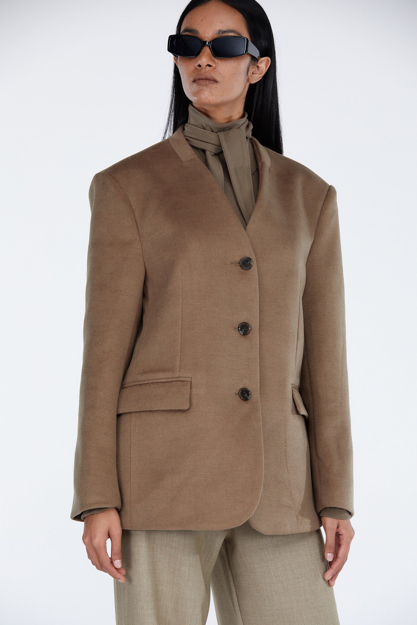 Collarless Blazer Jacket, Light Brown