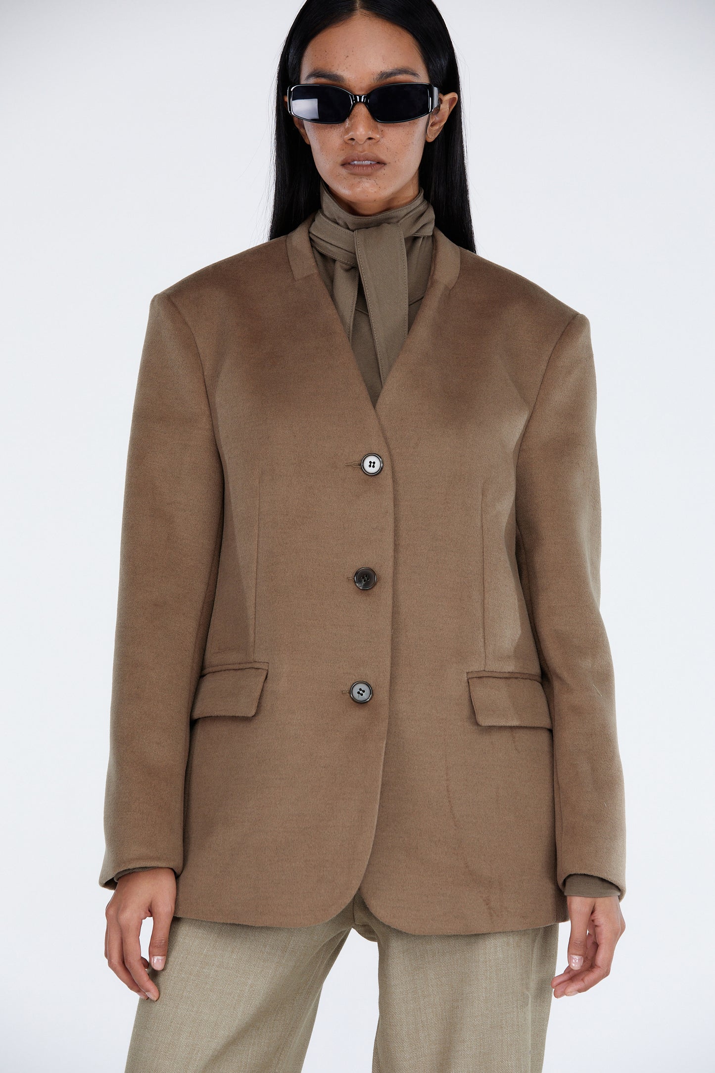 Collarless Blazer Jacket, Light Brown
