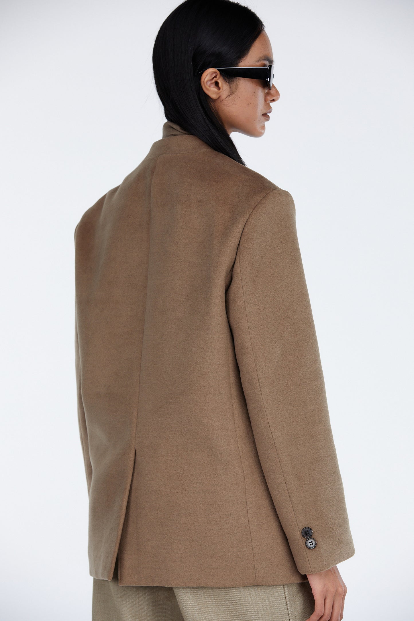 Collarless Blazer Jacket, Light Brown
