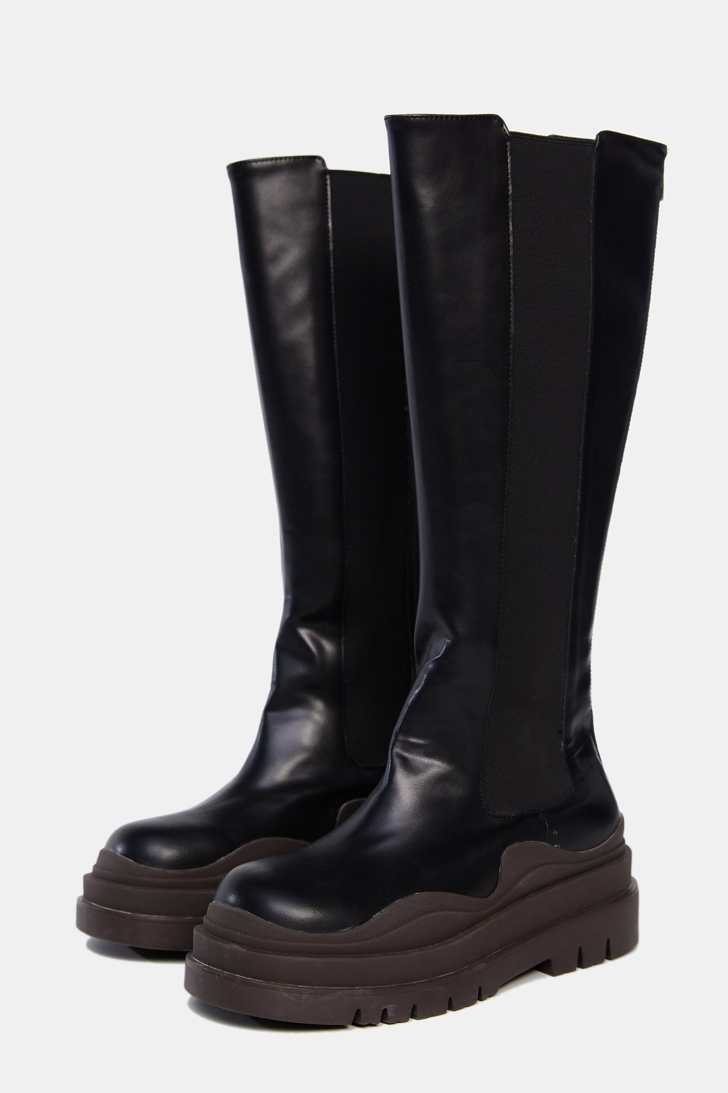 Lug Sole High Knee Boots, Brown & Black
