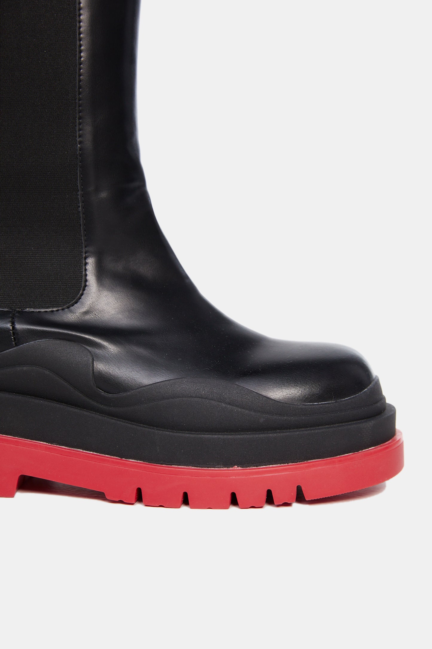 Lug Sole High Knee Boots, Red & Black