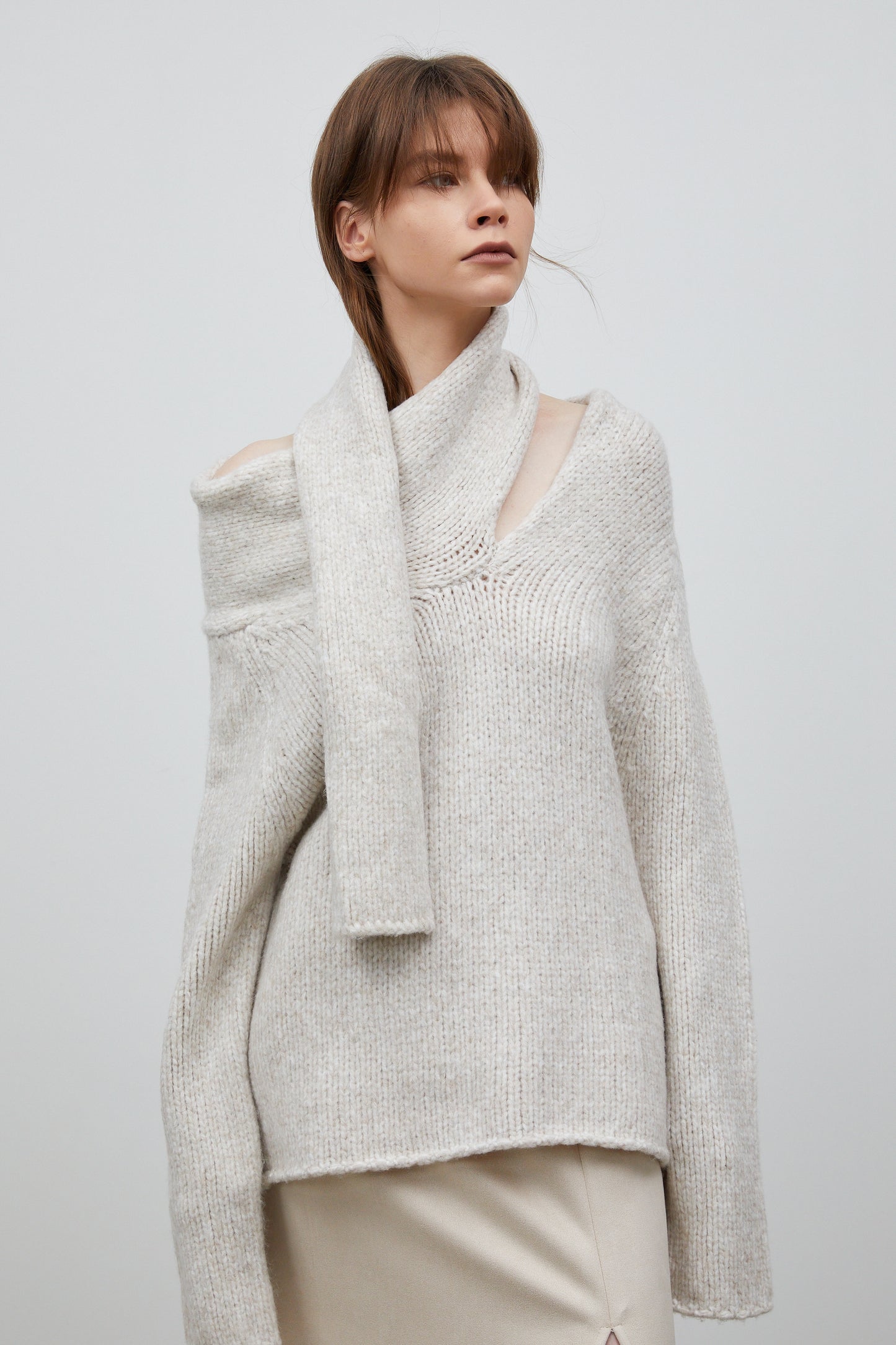 Single Scarf Knit Sweater, White Melange