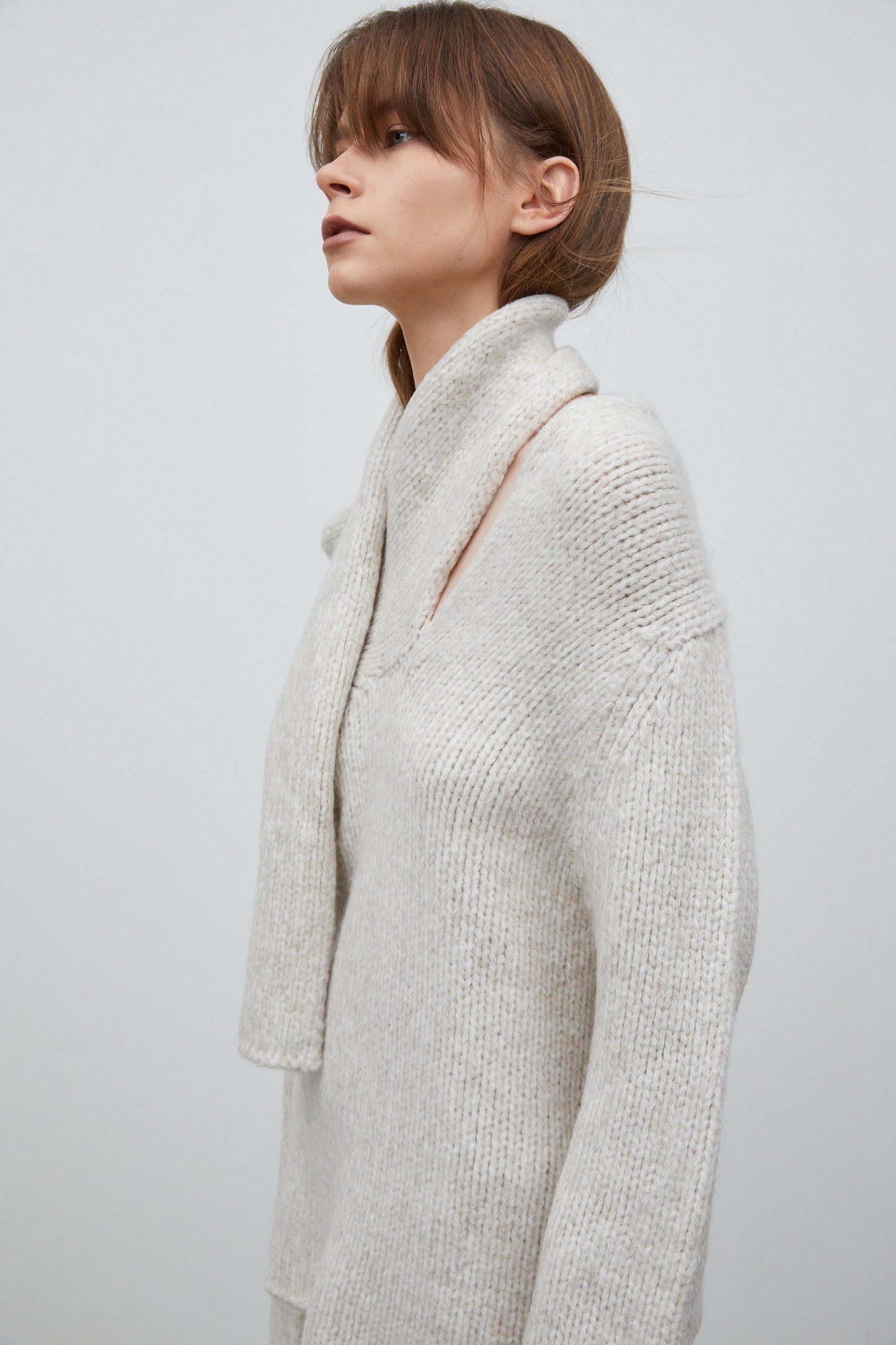 Single Scarf Knit Sweater, White Melange