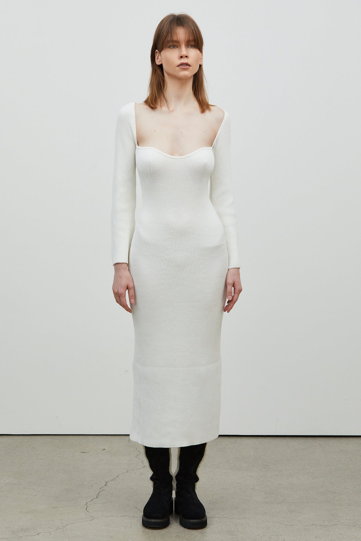 Sweetheart Neckline Long Knit Dress, Ivory