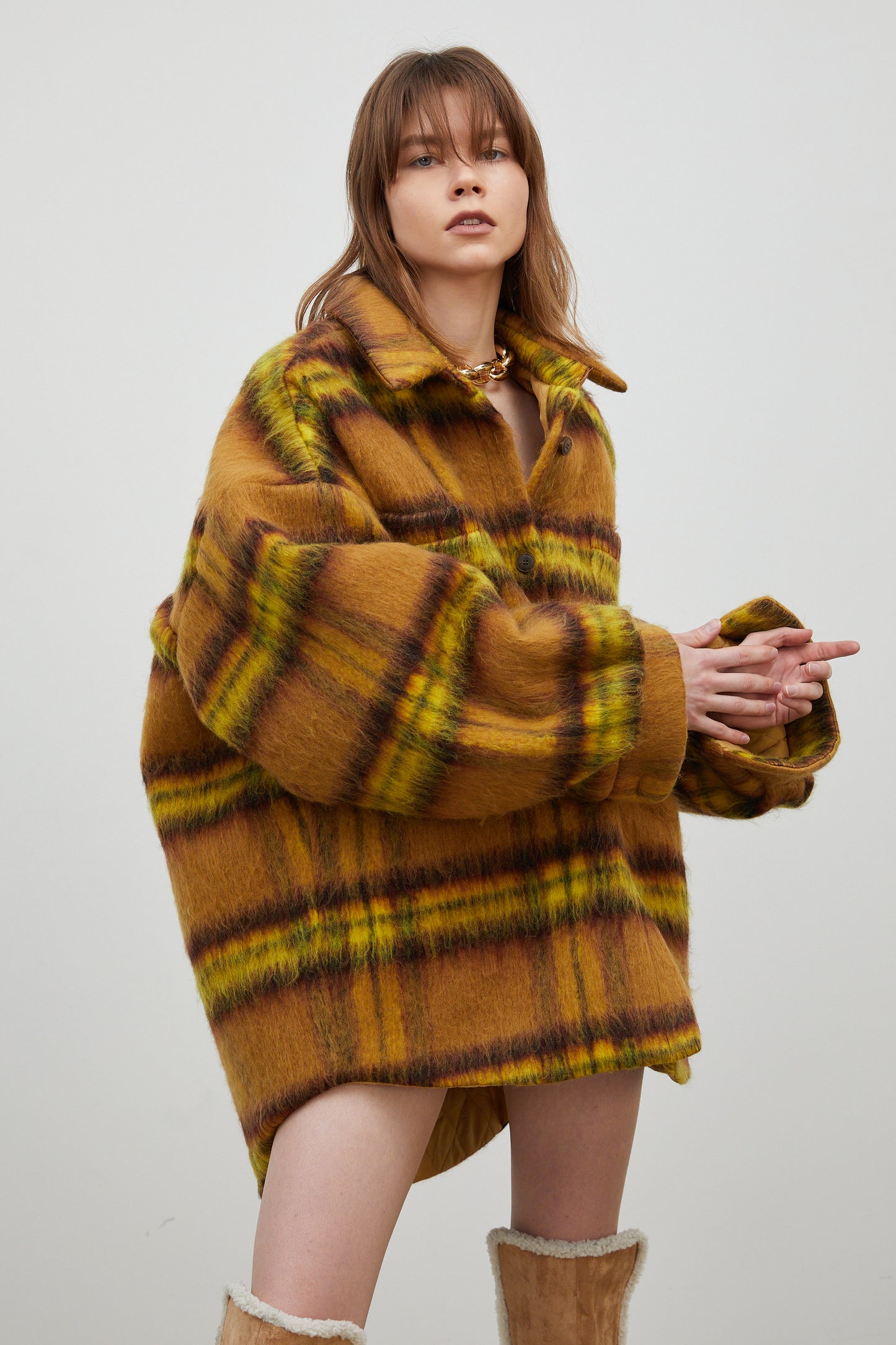 Checker Wool-Blend Oversized Shacket, Mustard