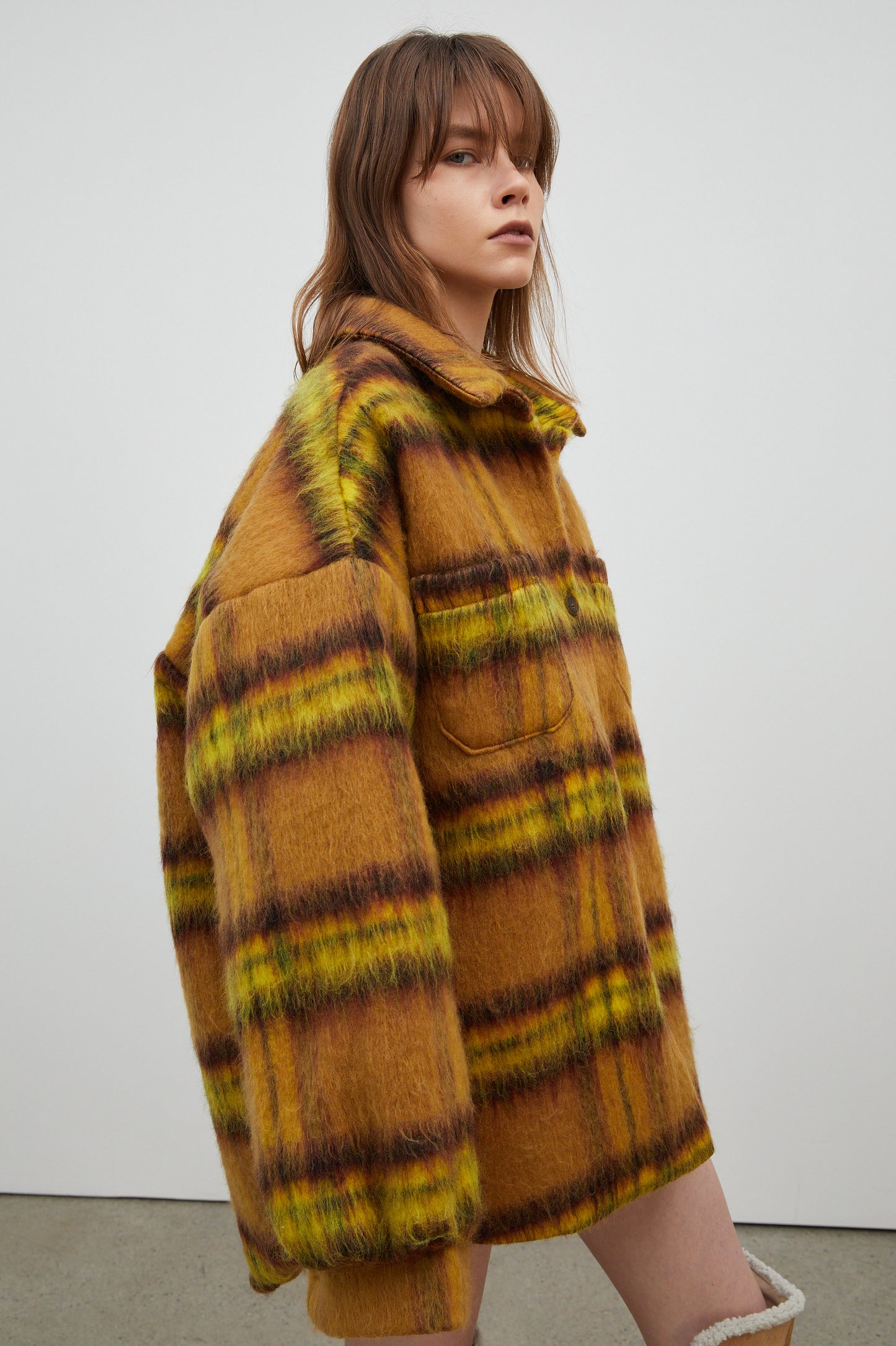Checker Wool-Blend Oversized Shacket, Mustard